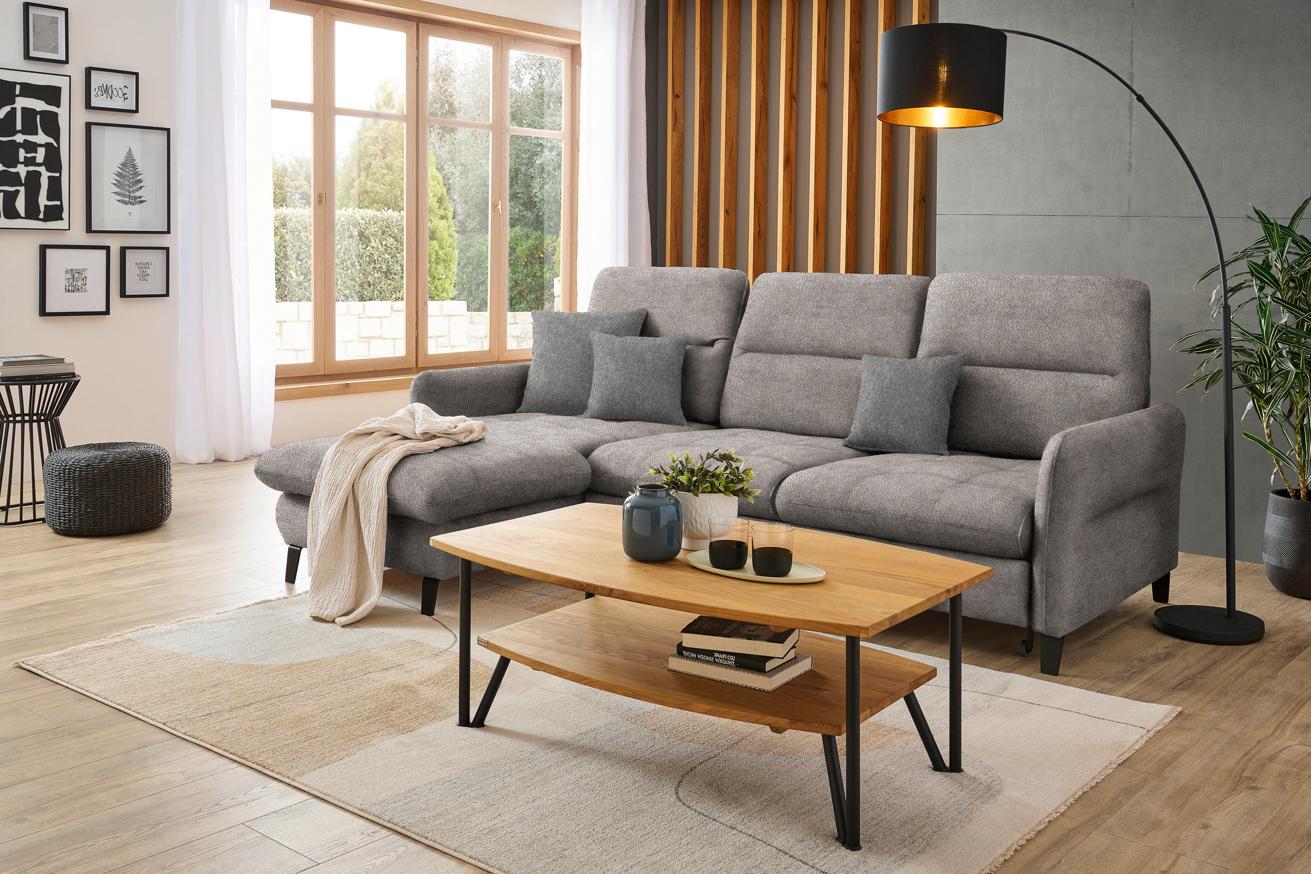ECKSOFA Greige Flachgewebe  - Greige/Schwarz, KONVENTIONELL, Textil/Metall (190/254cm) - Livetastic
