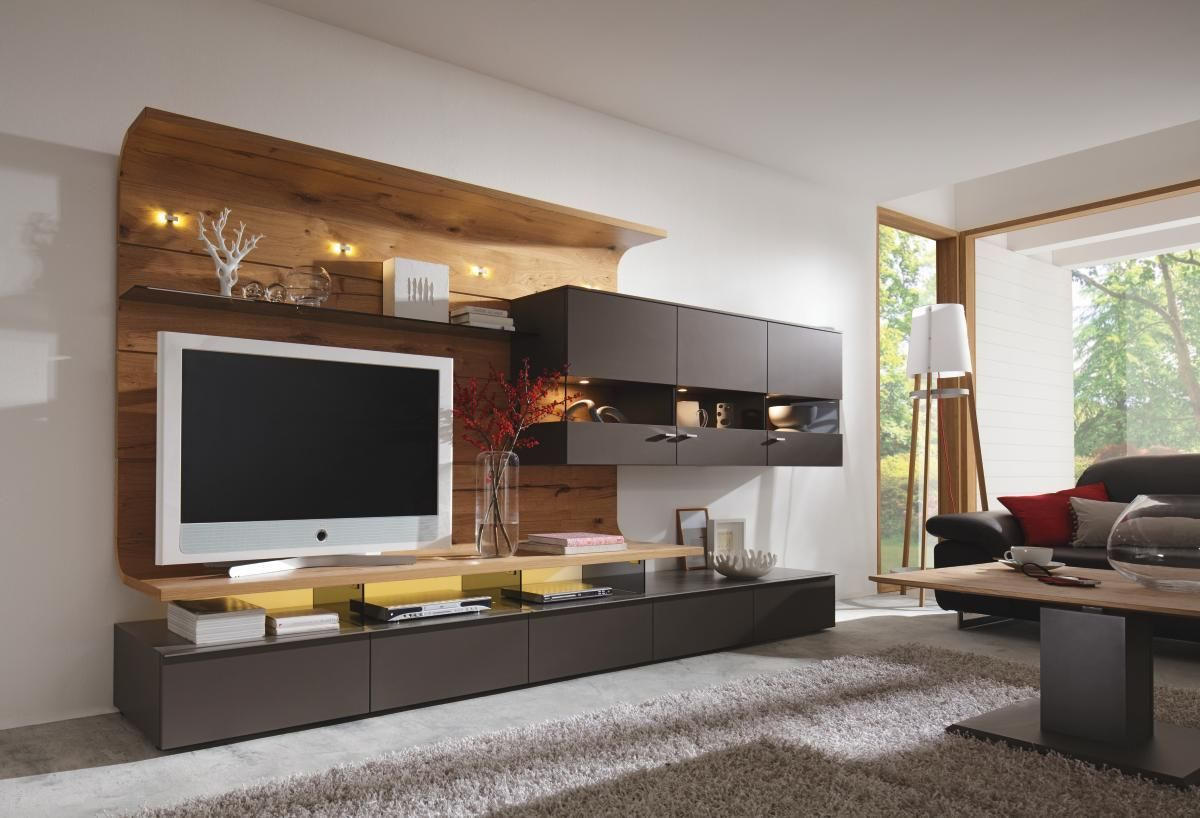 WOHNWAND Eiche furniert Taupe, Honig Befestigungsmaterial - Taupe/Edelstahlfarben, Design, Glas/Holz (357,5/186,8/55,7cm) - Moderano