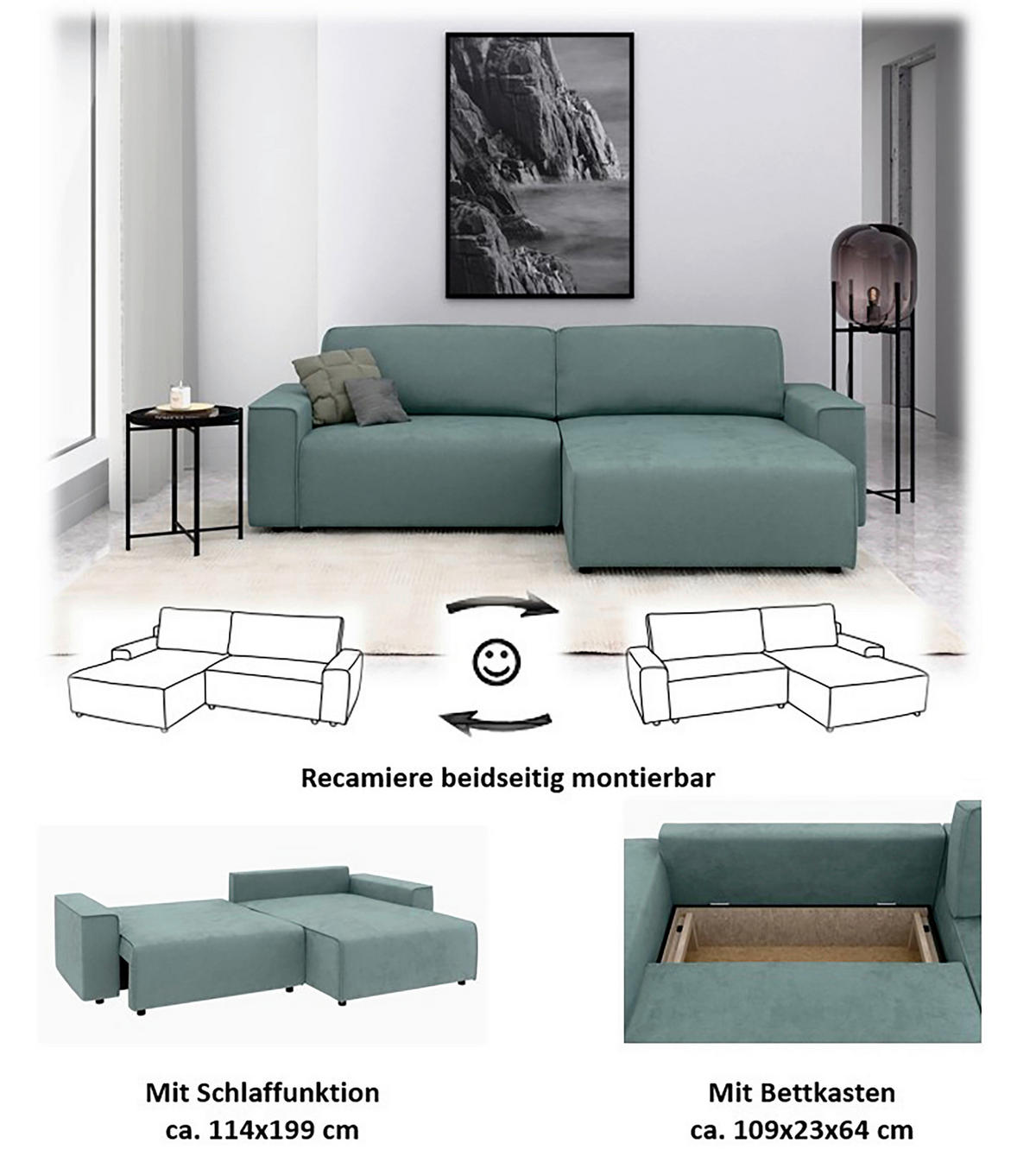 ECKSOFA in Struktur Mintgrau  - Mintgrau/Schwarz, Modern, Kunststoff/Textil (265/164cm) - Trendmanufaktur