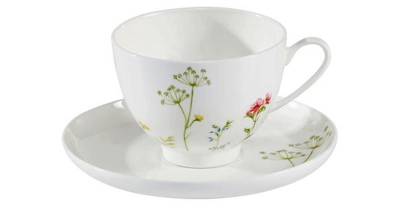 KAFFEETASSE MIT UNTERTASSE Wildflower - Multicolor/Weiß, LIFESTYLE, Keramik - Novel