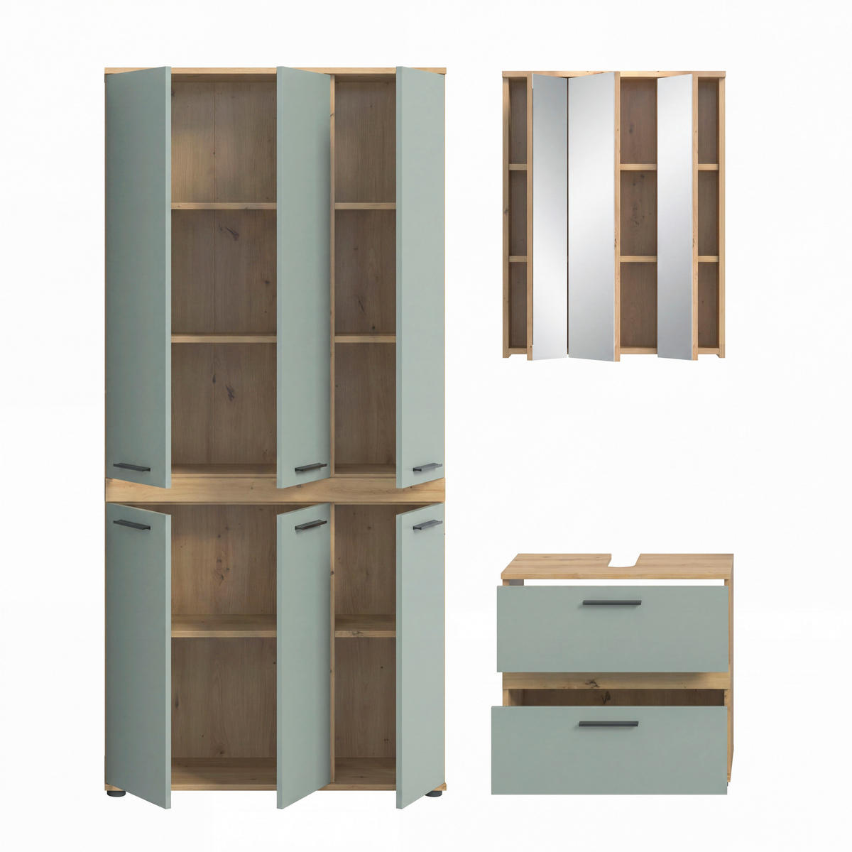 BADEZIMMER 3-teilig  in 165 cm  - Salbeigrün/Schwarz, Trend, Glas/Holzwerkstoff (165cm) - MID.YOU
