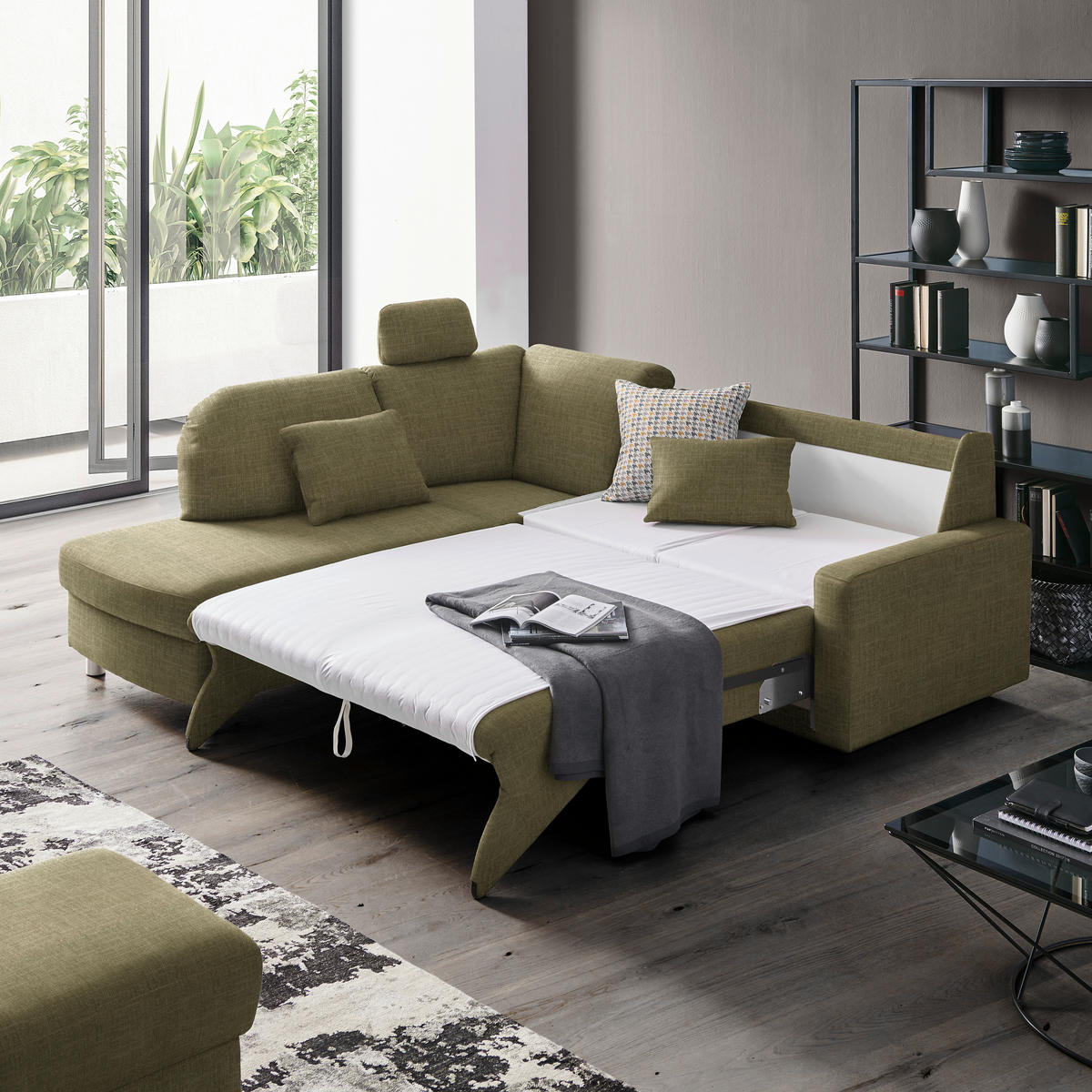 ECKSOFA in Chenille Olivgrün  208/227 cm  - Alufarben/Olivgrün, KONVENTIONELL, Textil/Metall (208/227cm) - Sedda