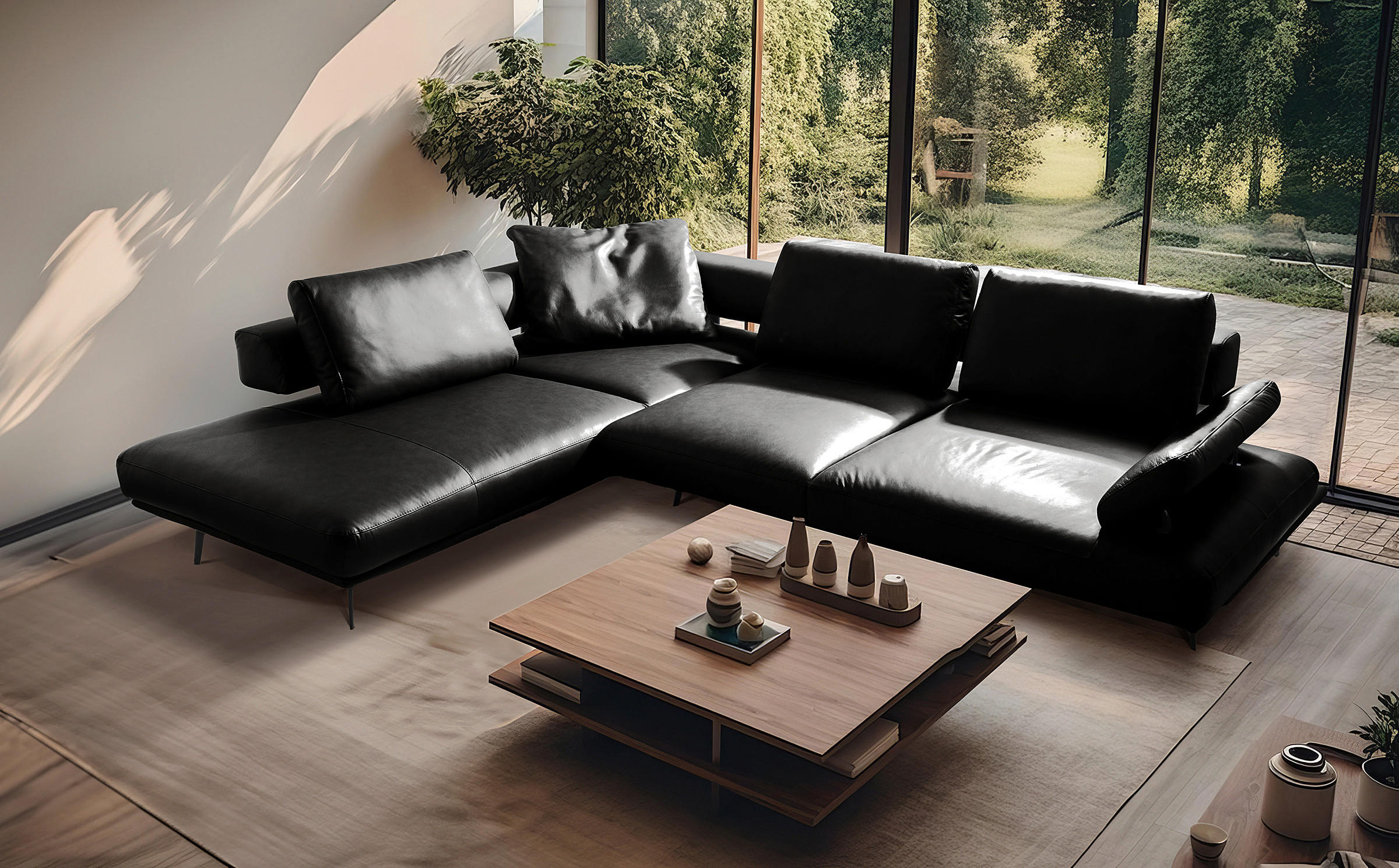 ECKSOFA Schwarz Echtleder  - Schwarz/Grau, Design, Leder/Metall (237/306cm) - Livetastic