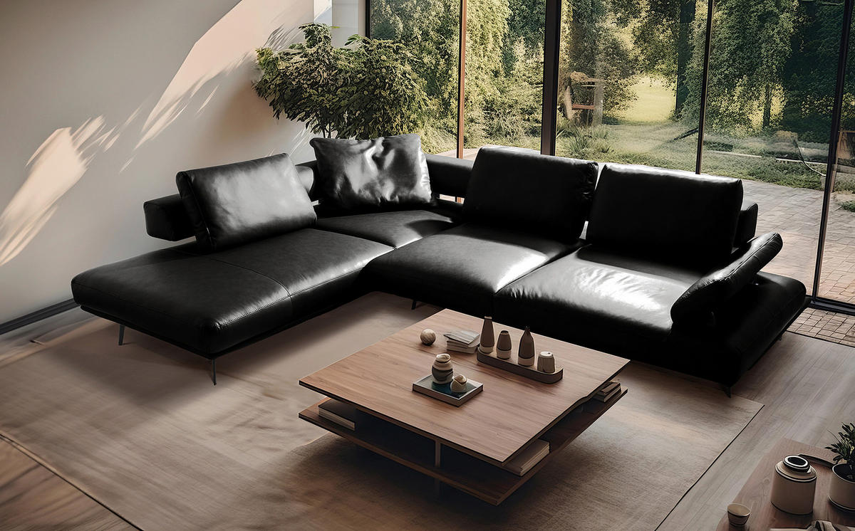 ECKSOFA Schwarz Echtleder  - Schwarz/Grau, Design, Leder/Metall (237/306cm) - Livetastic