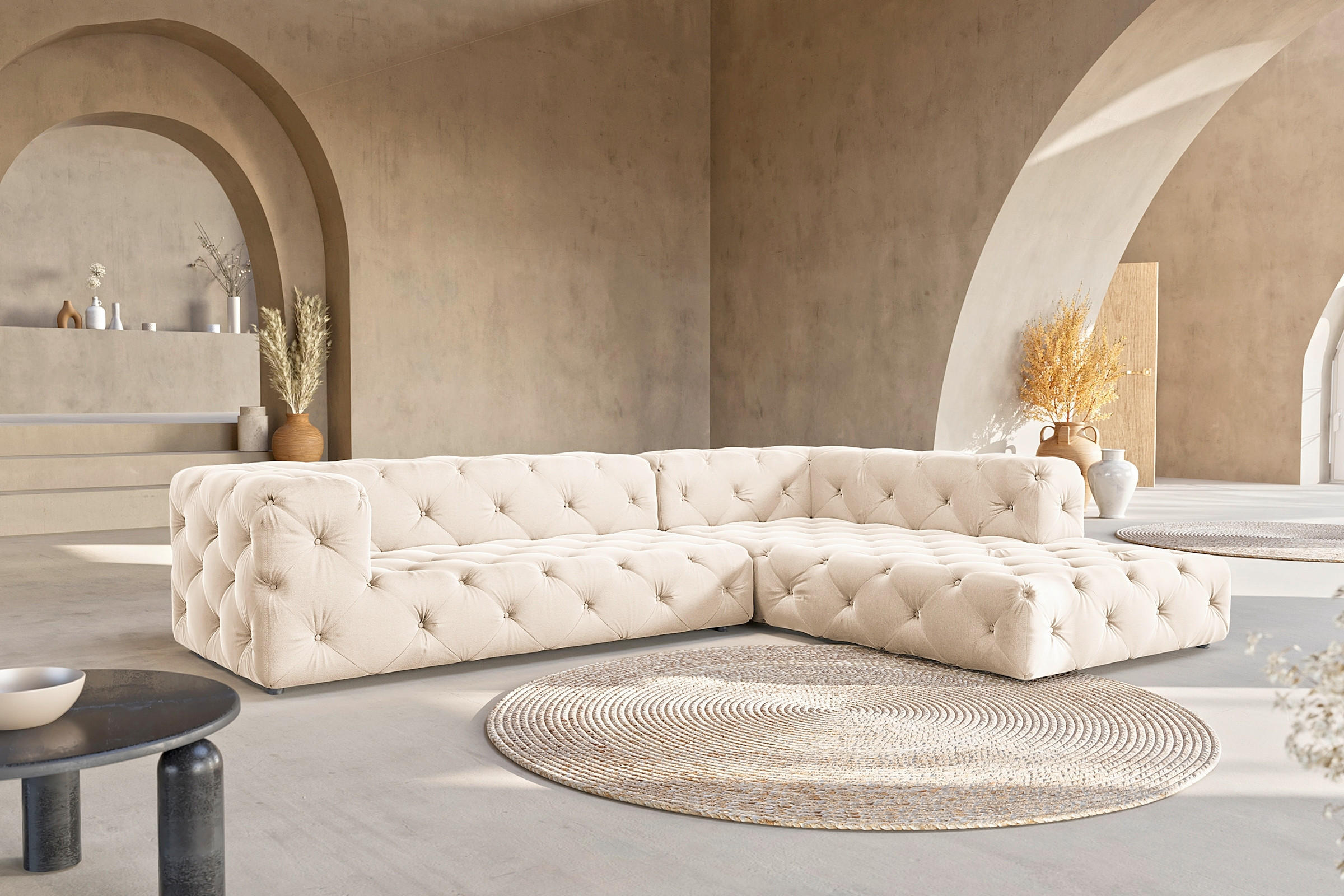 ECKSOFA Fresco in Samt Creme  325/228 cm  - Creme/Schwarz, Design, Kunststoff/Textil (325/228cm) - P & B