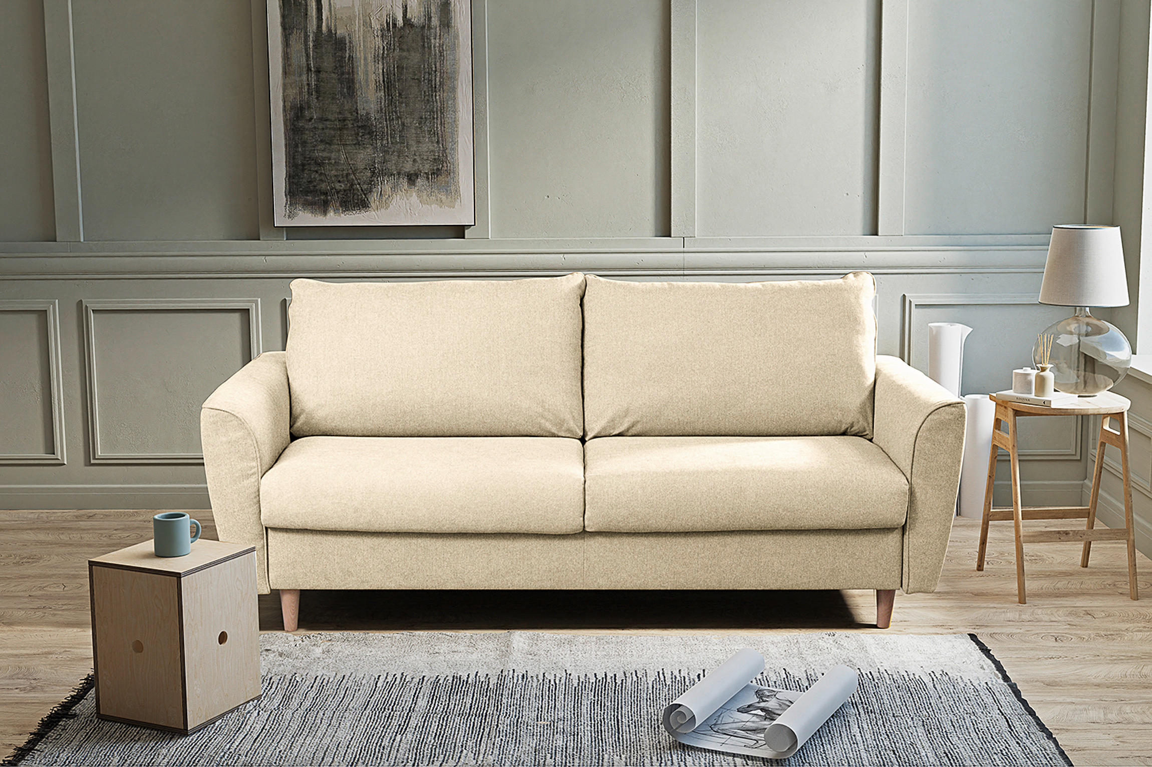 SCHLAFSOFA Flachgewebe Creme  - Buchefarben/Creme, Design, Holz/Textil (195/90/102cm) - Livetastic