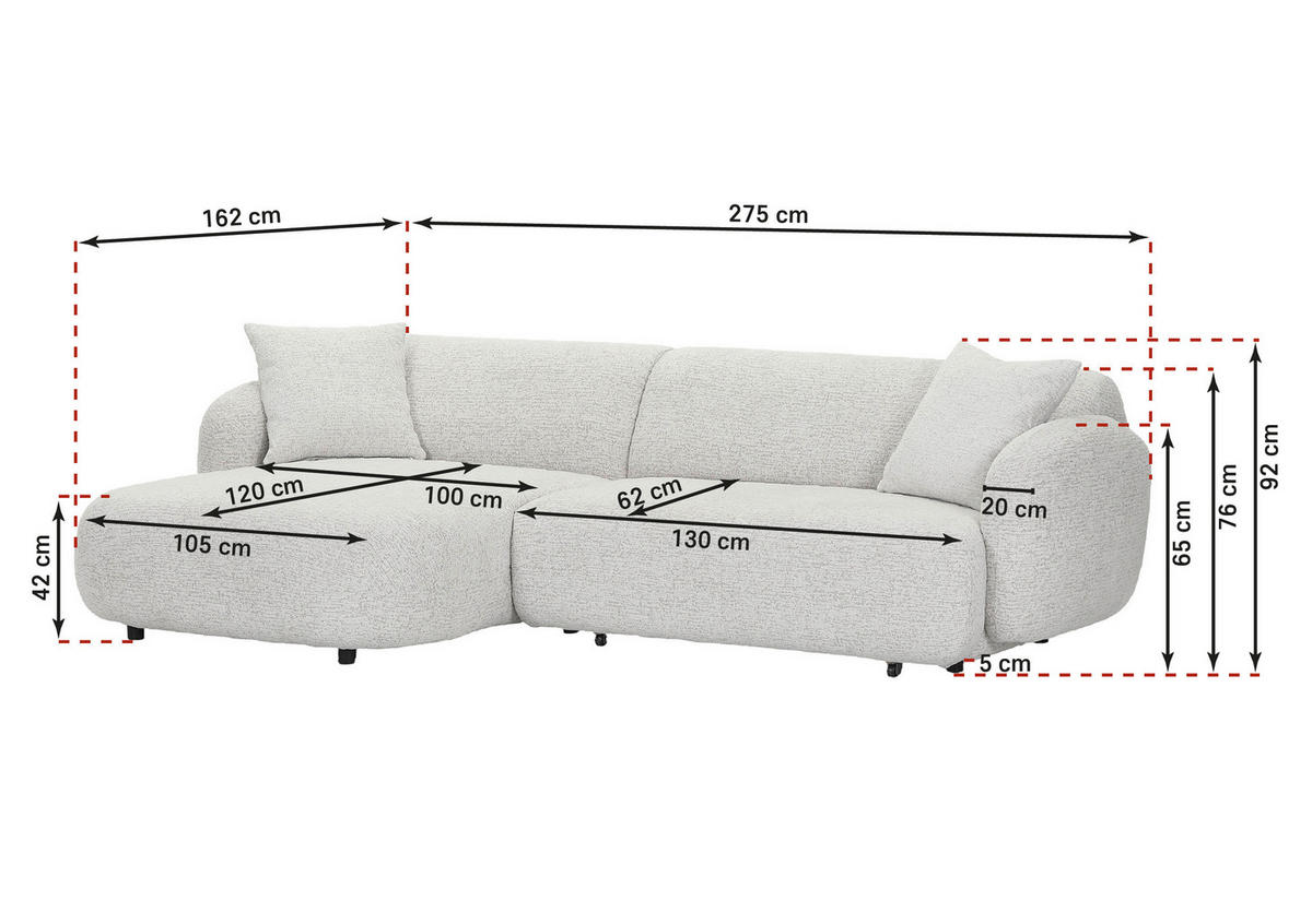 ECKSOFA Schwarz, Weiß Flachgewebe Zierkissen, Rücken echt, Sitztiefenverstellung  - Schwarz/Weiß, MODERN, Kunststoff/Textil (162/275cm) - Carryhome