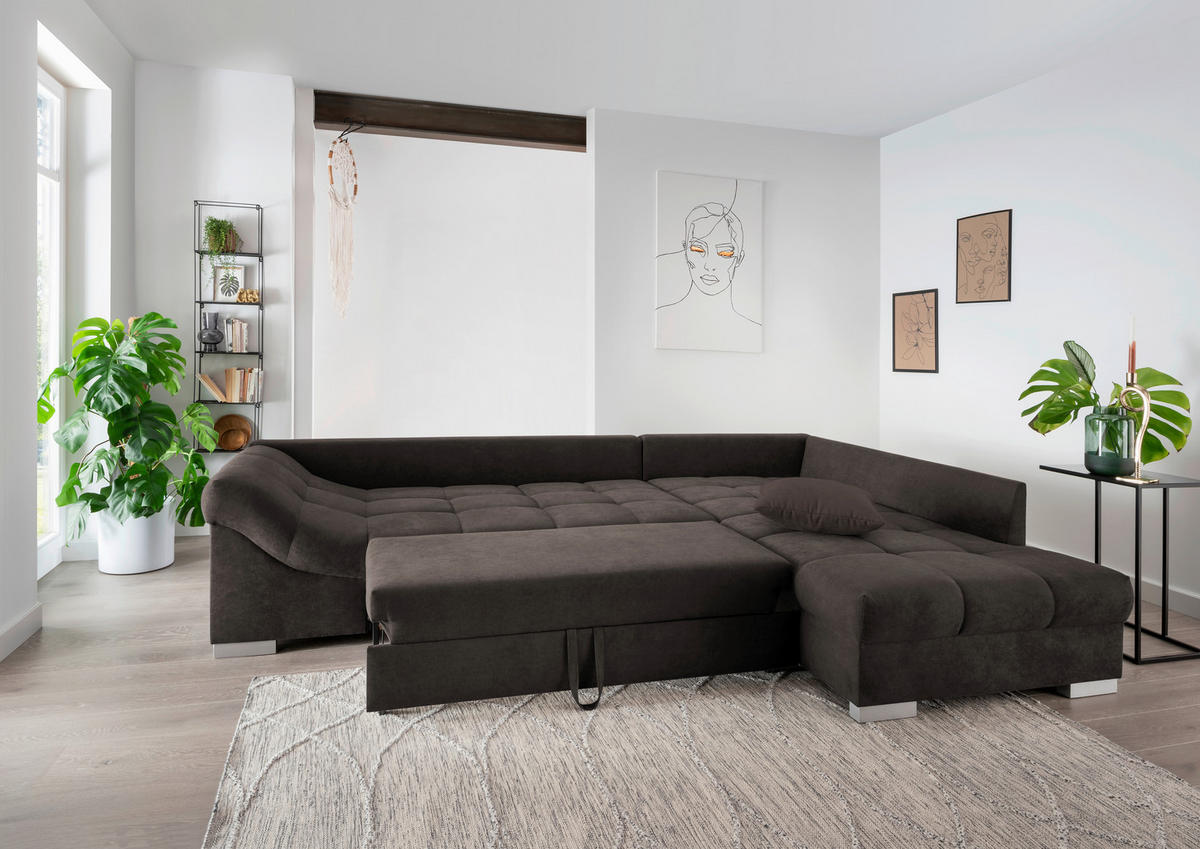 ECKSCHLAFSOFA in Mikrofaser Dunkelbraun  - Dunkelbraun/Silberfarben, Design, Holz/Textil (298/202cm) - MID.YOU