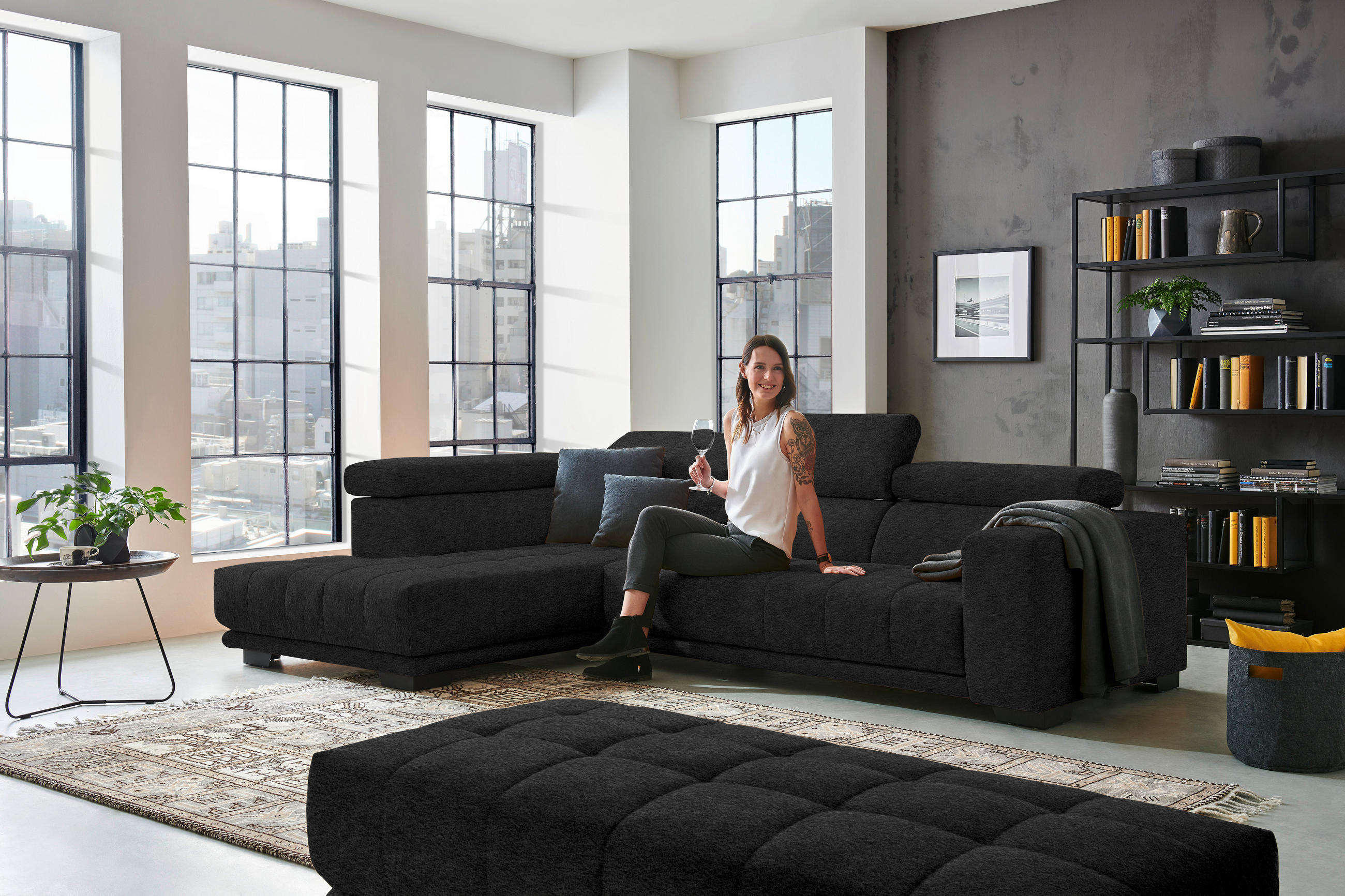 ECKSOFA in Mikrofaser Anthrazit  - Anthrazit/Schwarz, Design, Textil/Metall (207/301cm) - Xora