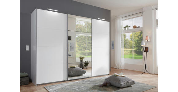 SCHWEBETÜRENSCHRANK  in Weiß  - Alufarben/Weiß, Design, Glas/Holzwerkstoff (270/210/65cm) - Carryhome