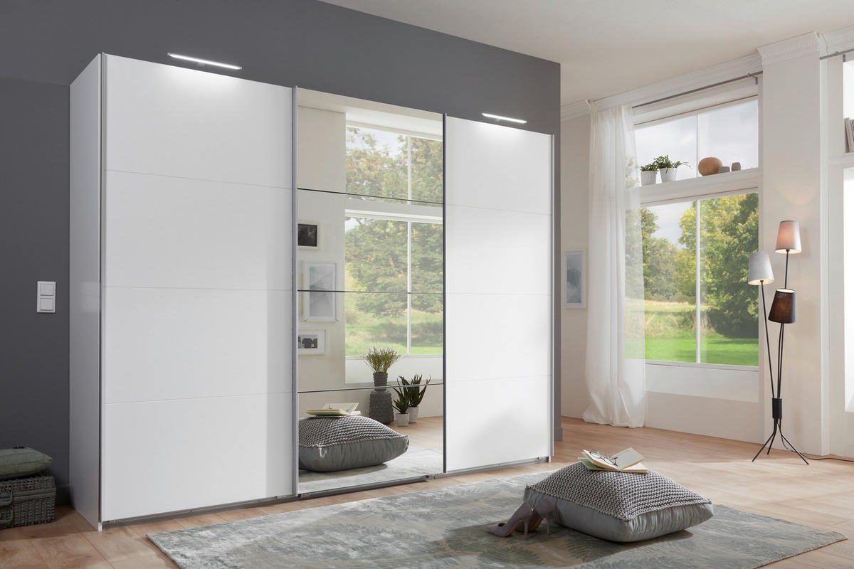 OMARA Z DRSNIMI VRATI, bela  - bela/barve aluminija, Design, kovina/steklo (270/210/65cm) - Carryhome