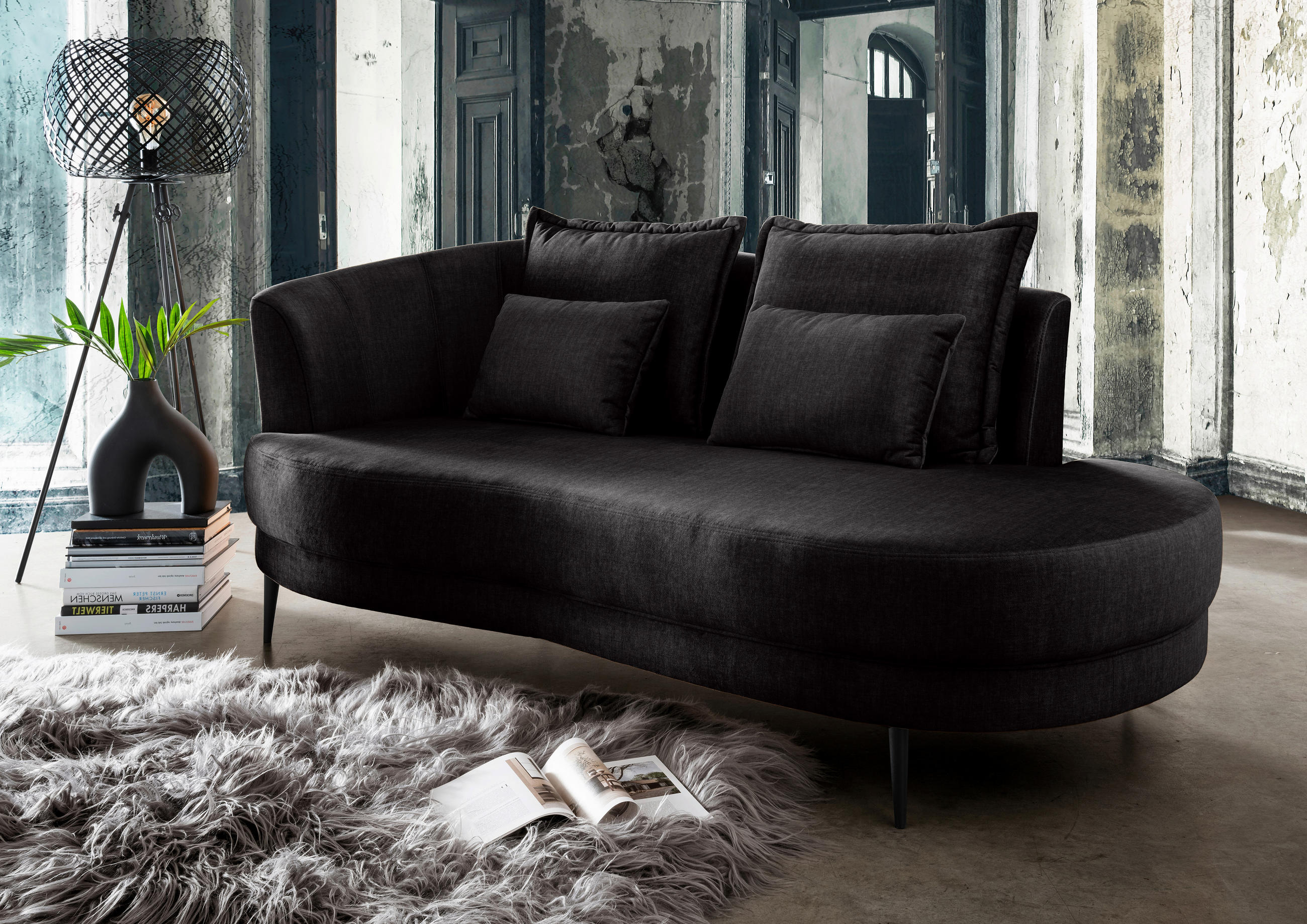 OTTOMANE in Velours Anthrazit  - Anthrazit/Schwarz, Modern, Textil/Metall (211/85/101cm) - Livetastic