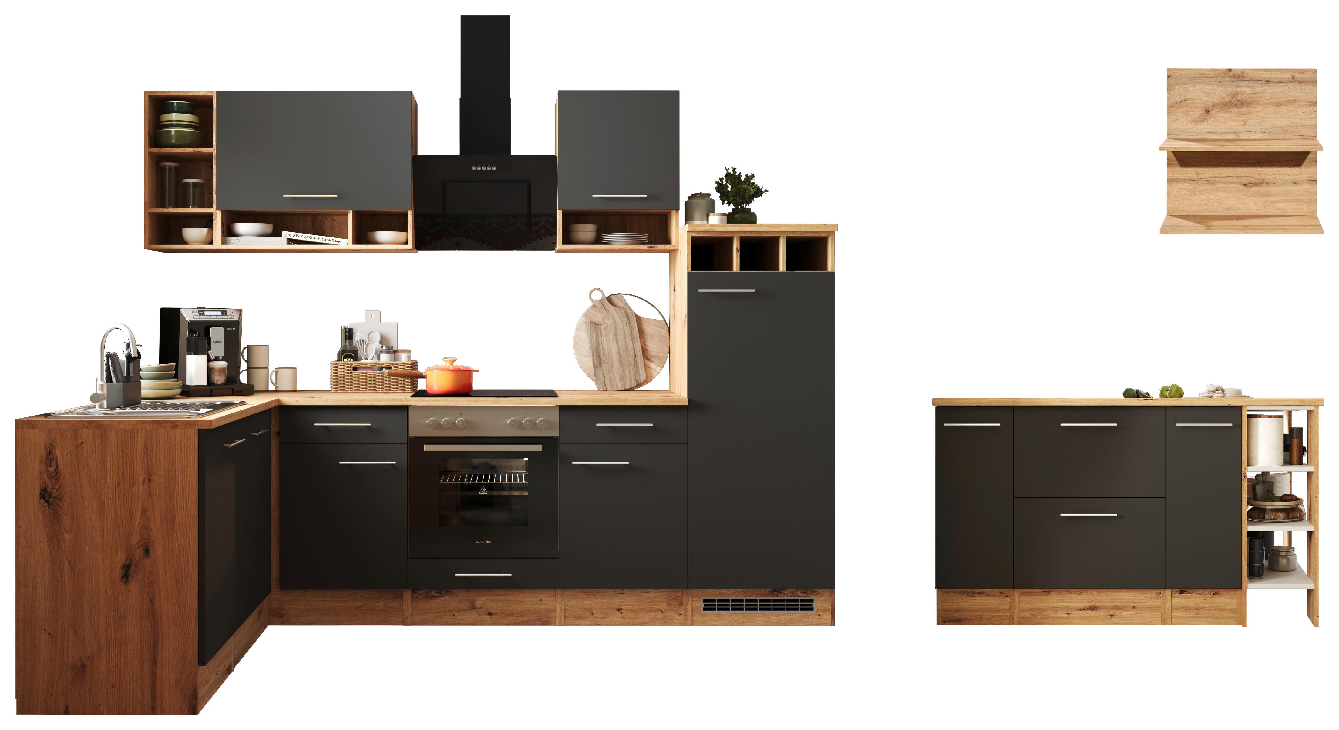 HÖRNKÖK 280/172 cm  i grå  - skogsek/aluminiumfärg, Design, metall/trämaterial (280/172cm) - Respekta