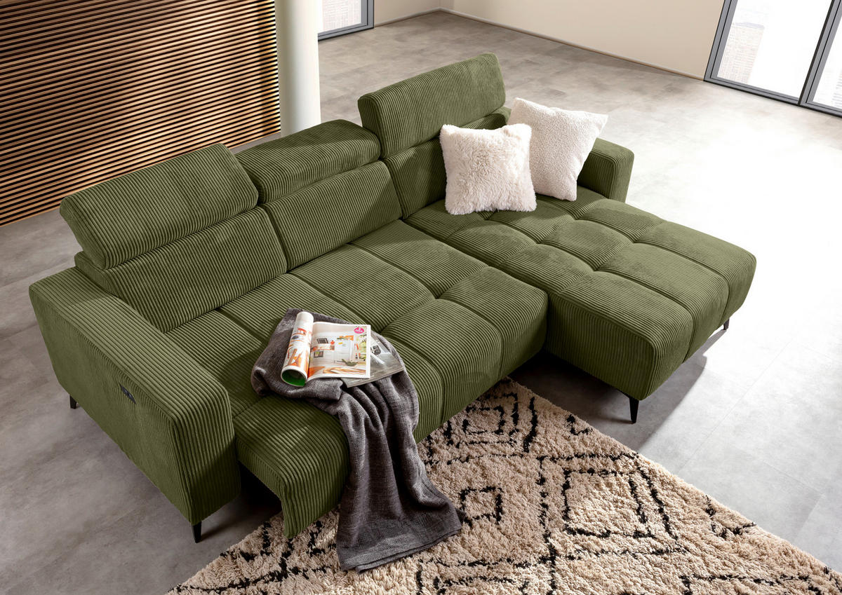 ECKSOFA Dunkelgrün Cord Rücken echt, Kopfteilverstellung, Sitzvorzug  - Dunkelgrün/Schwarz, KONVENTIONELL, Textil/Metall (257/170cm) - Carryhome