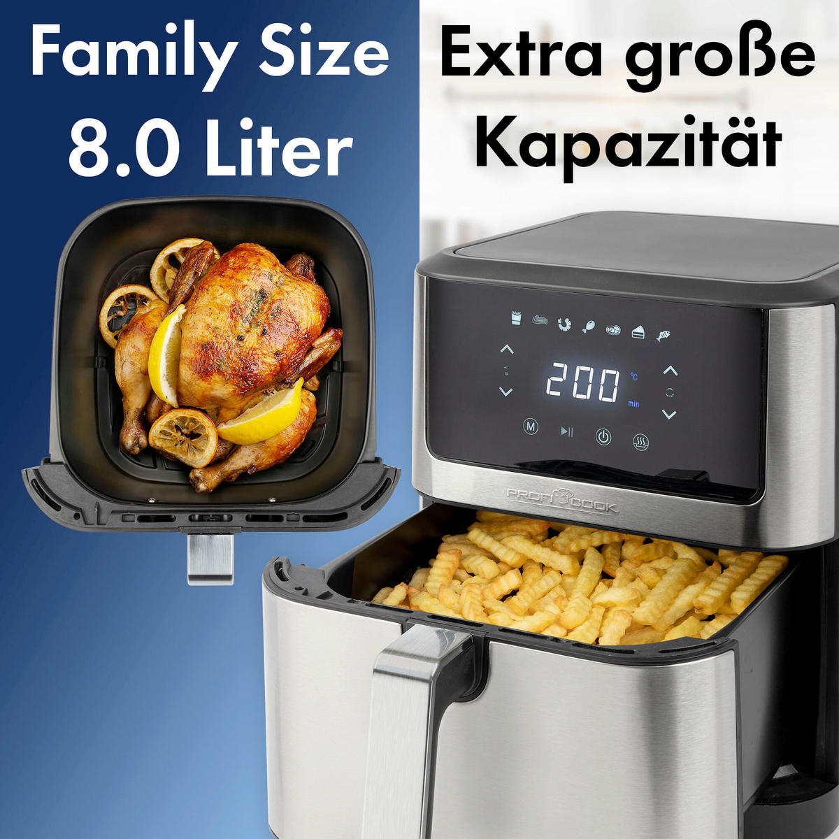 HEIßLUFTFRITTEUSE 8 L  - Edelstahlfarben, Basics, Kunststoff/Metall (29,4/35,9/39,9cm) - Bomann