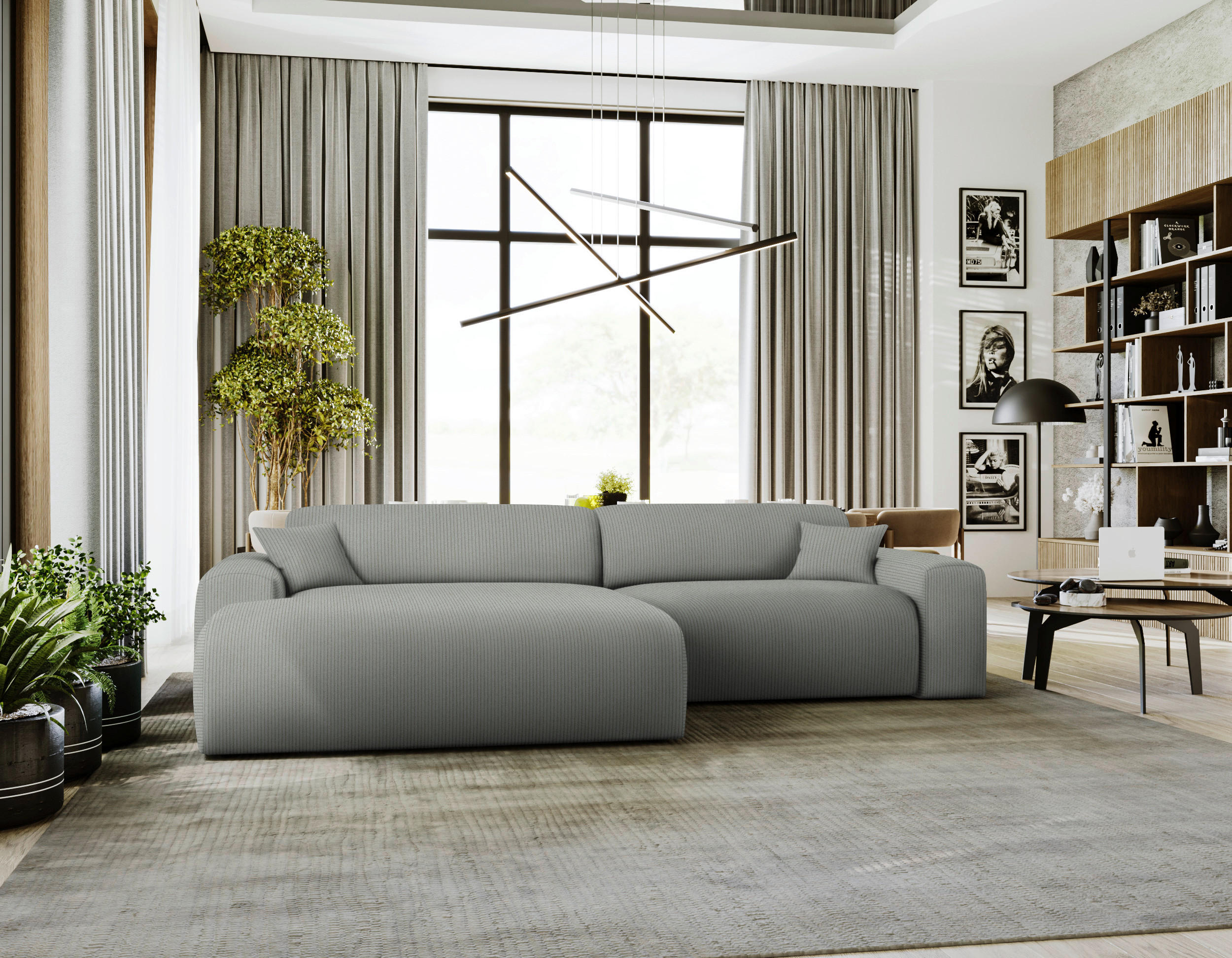ECKSOFA in Velours, Feincord Hellgrau  178/292 cm  - Hellgrau/Schwarz, Design, Kunststoff/Textil (178/292cm) - home24