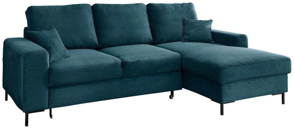 ECKSCHLAFSOFA  mit Liegefunktion, Rücken echt Cord Petrol  - Petrol/Schwarz, KONVENTIONELL, Textil/Metall (237/143cm) - Livetastic