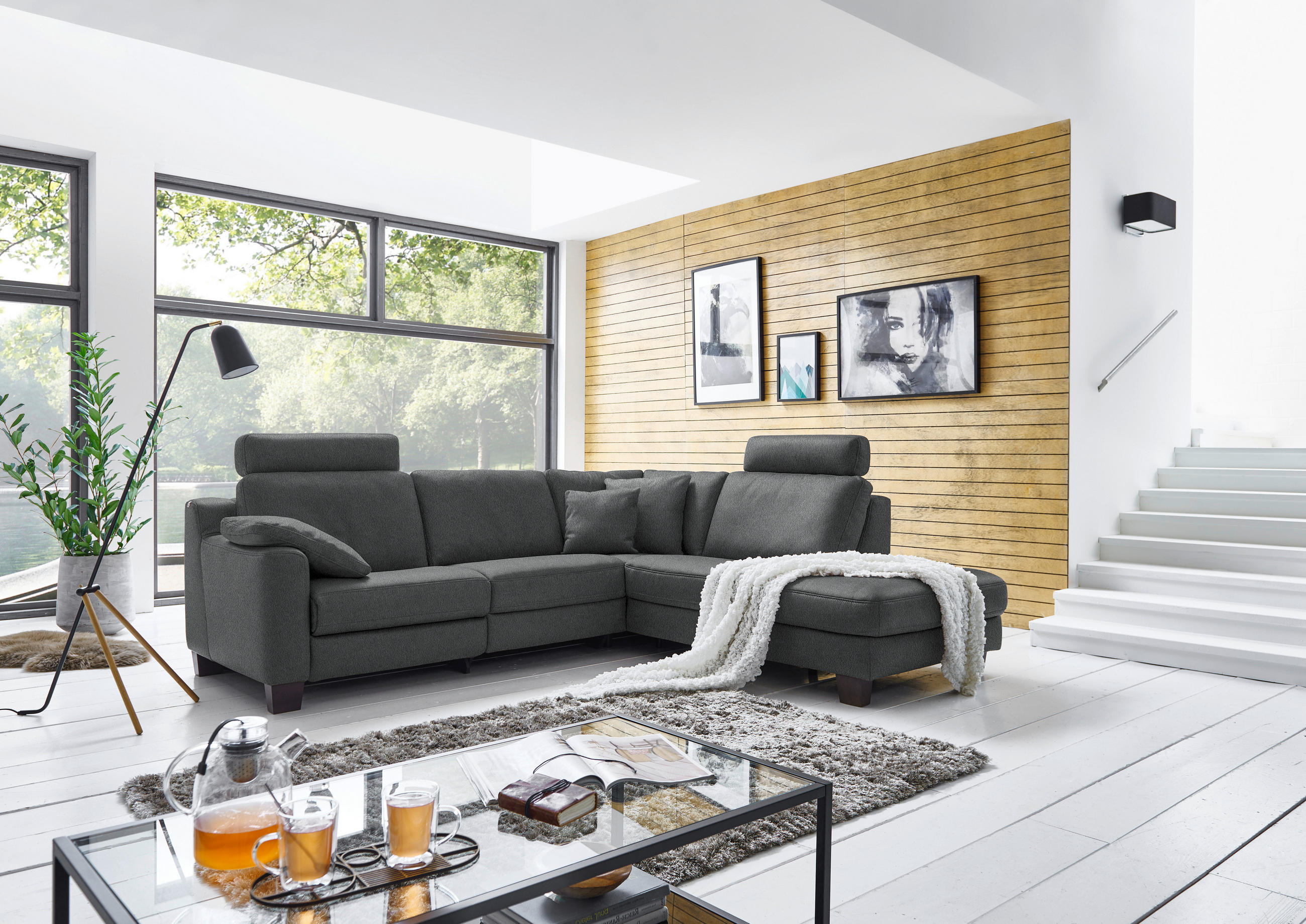 ECKSOFA in Echtleder Anthrazit  - Eichefarben/Anthrazit, Design, Leder/Holz (259/235cm) - Valdera