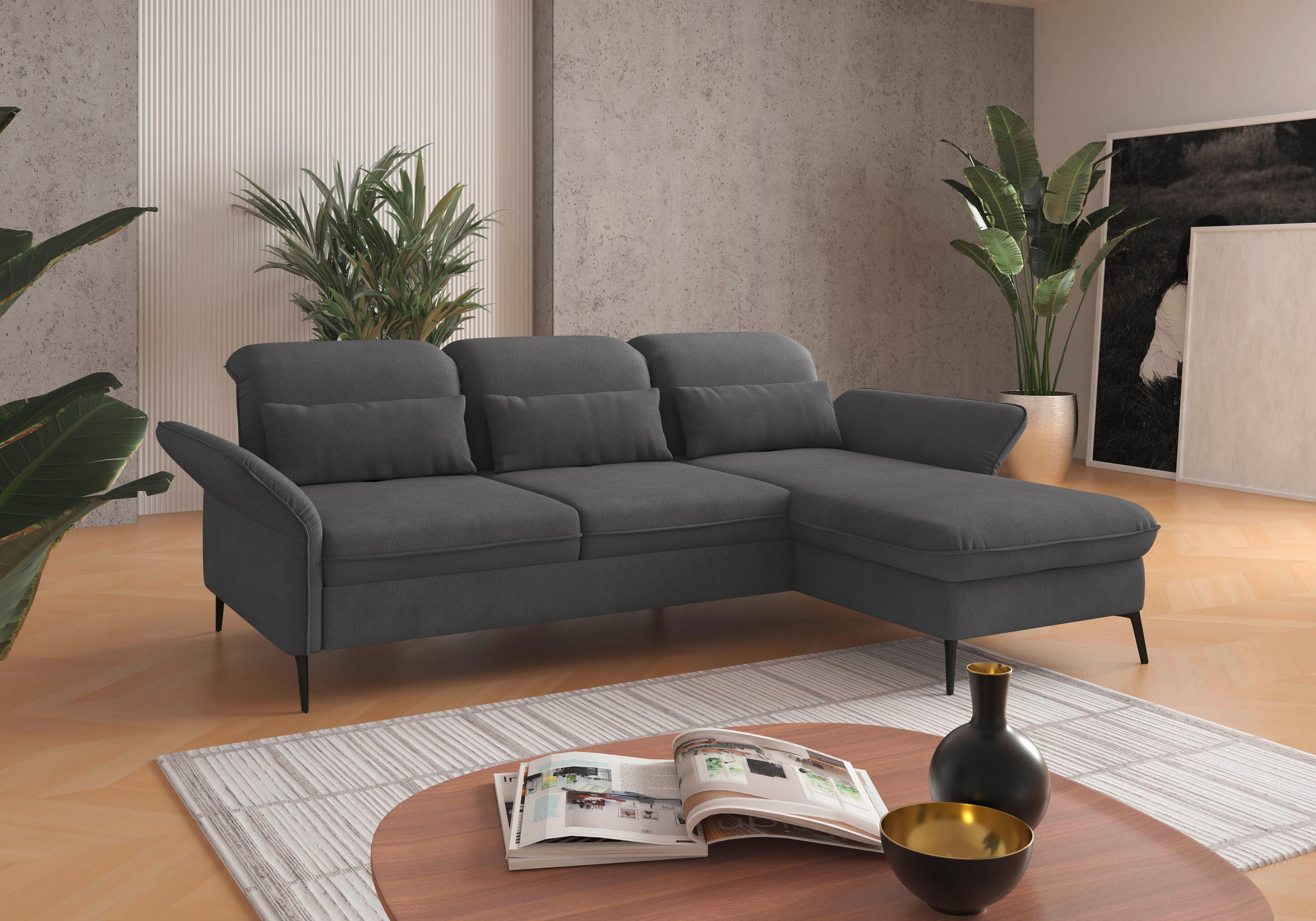 ECKSOFA in Flachgewebe Grau  - Schwarz/Grau, Konventionell, Textil/Metall (264/198cm) - Sit & More