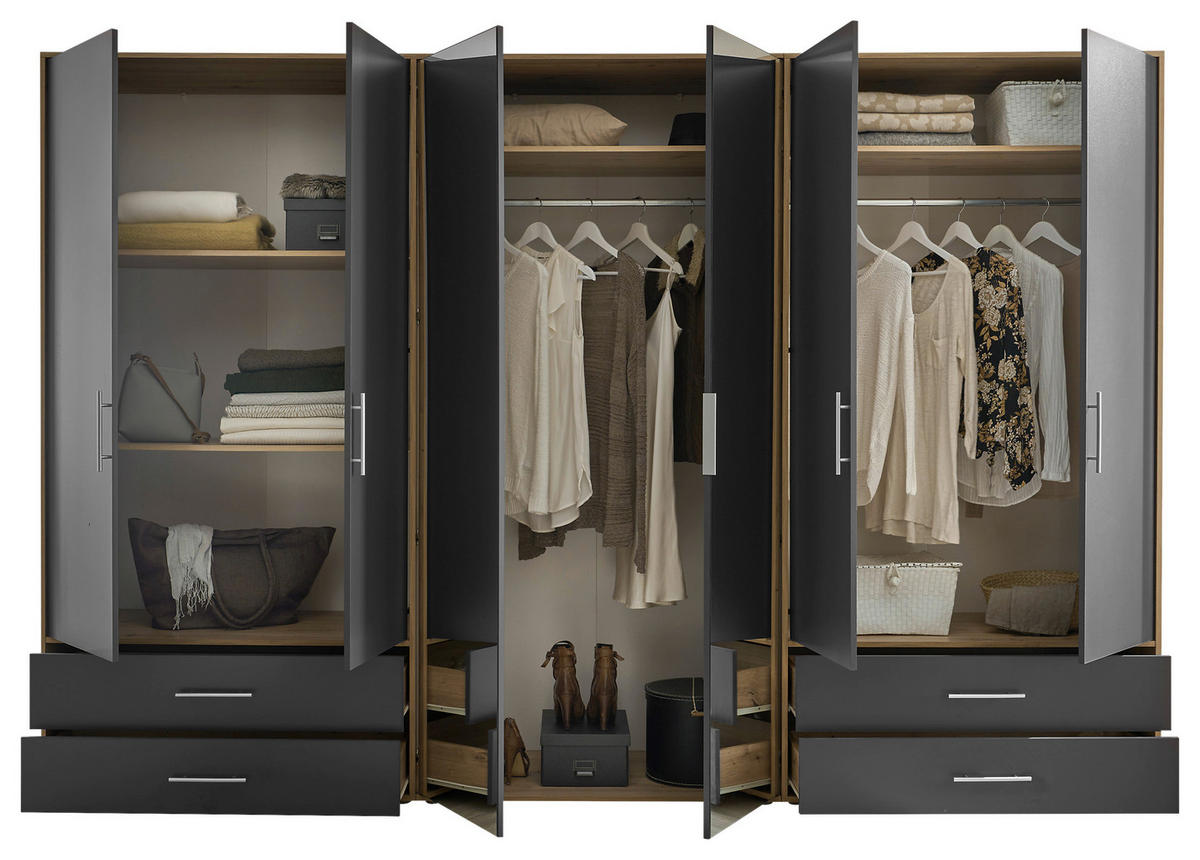 KLEIDERSCHRANK 305/207/58 cm 6-türig Graphitfarben, Eiche Artisan  - Alufarben/Graphitfarben, KONVENTIONELL, Glas/Holzwerkstoff (305/207/58cm) - Boxxx