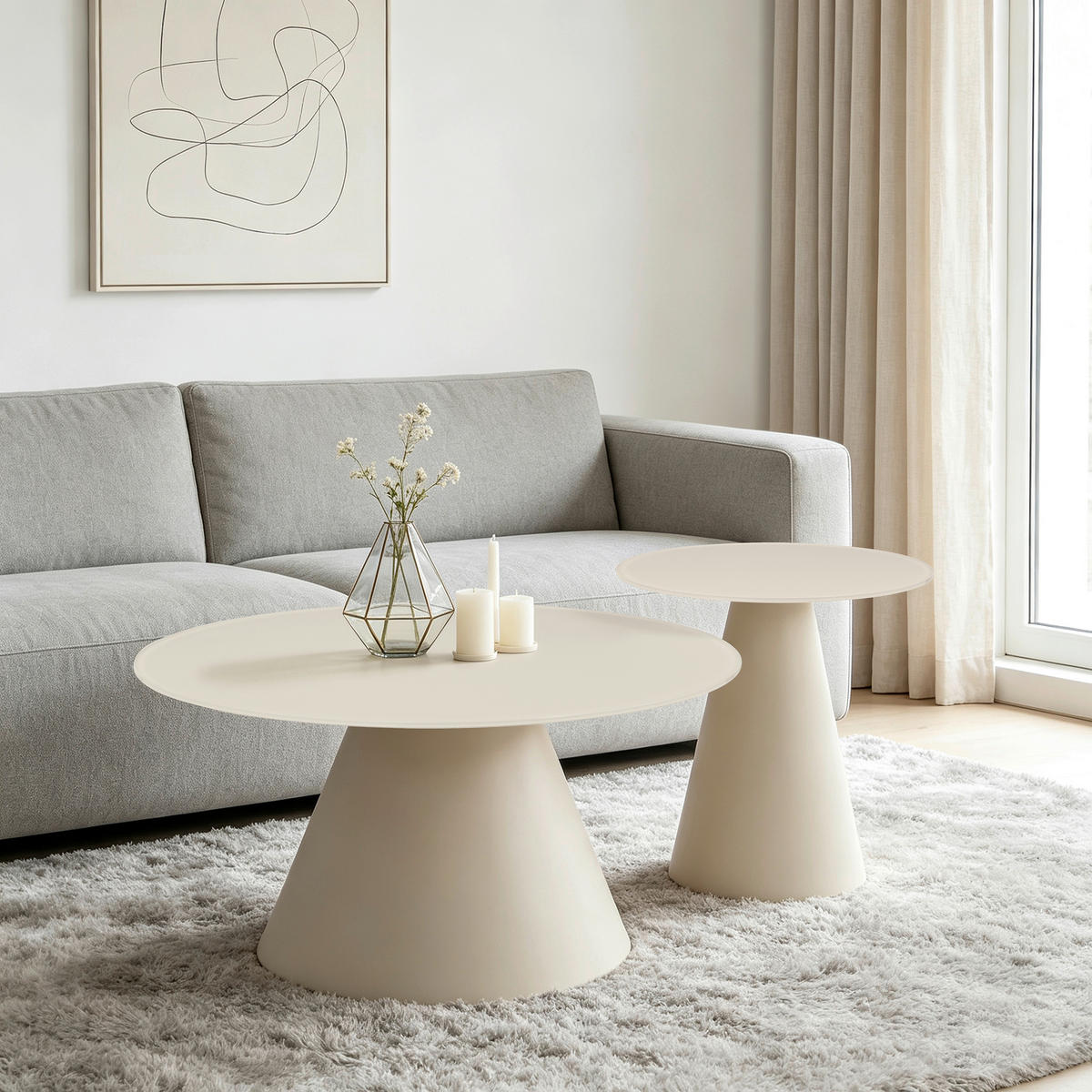 COUCHTISCHSET 70-45/70-45/39-45 cm Klarglas rund Kaschmir, Beige  - Kaschmir/Beige, Design, Glas/Metall (70-45/70-45/39-45cm) - Stylife
