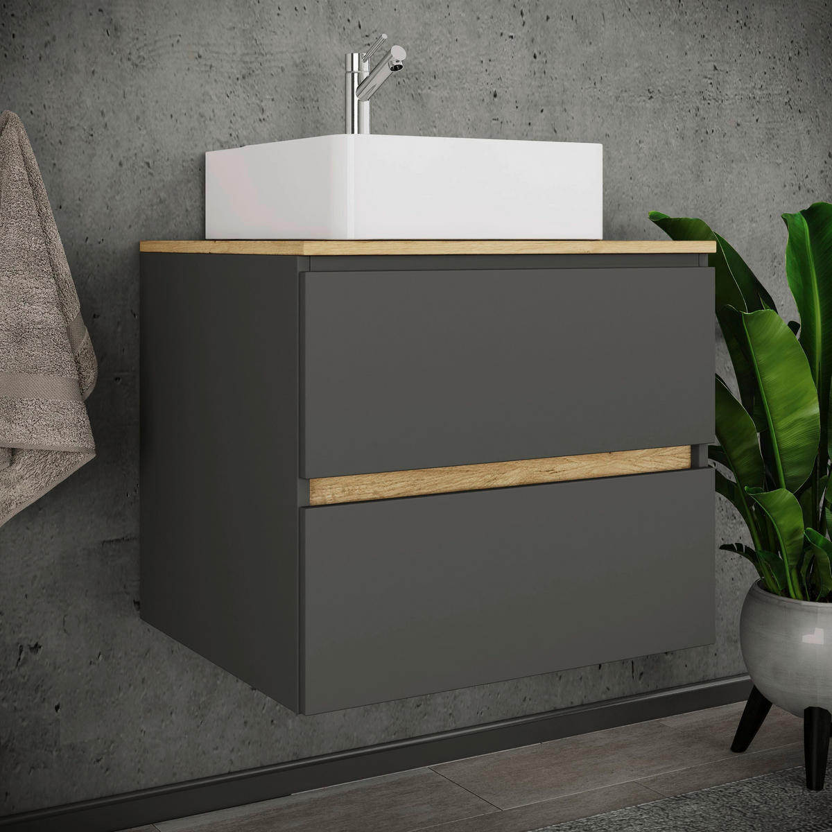 BADEZIMMER 2-teilig  in  - Honigeiche/Anthrazit, Trend, Keramik/Holzwerkstoff (60/67/51cm) - MID.YOU