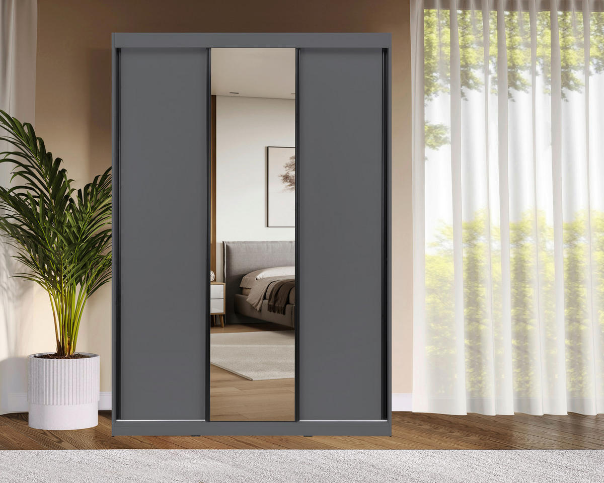 SCHIEBETÜRENSCHRANK 150/215/59,5 cm 3-türig  - Schwarz/Graphitfarben, MODERN, Holzwerkstoff/Metall (150/215/59,5cm) - MID.YOU