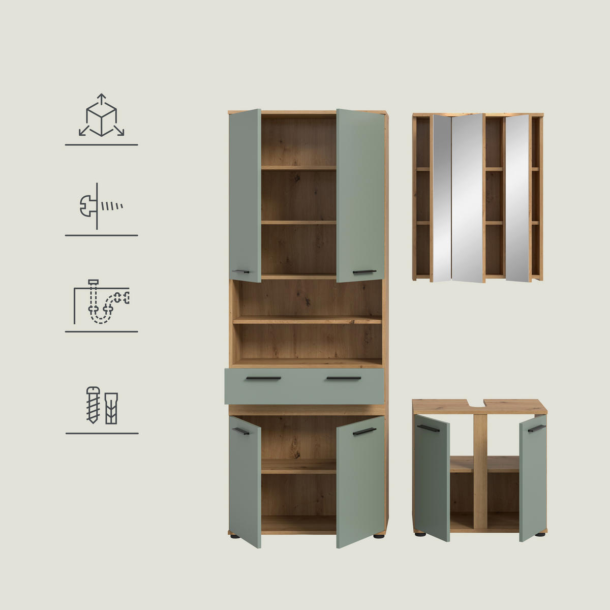 BADEZIMMER 3-teilig  in 145 cm  - Salbeigrün/Schwarz, Trend, Glas/Holzwerkstoff (145cm) - MID.YOU