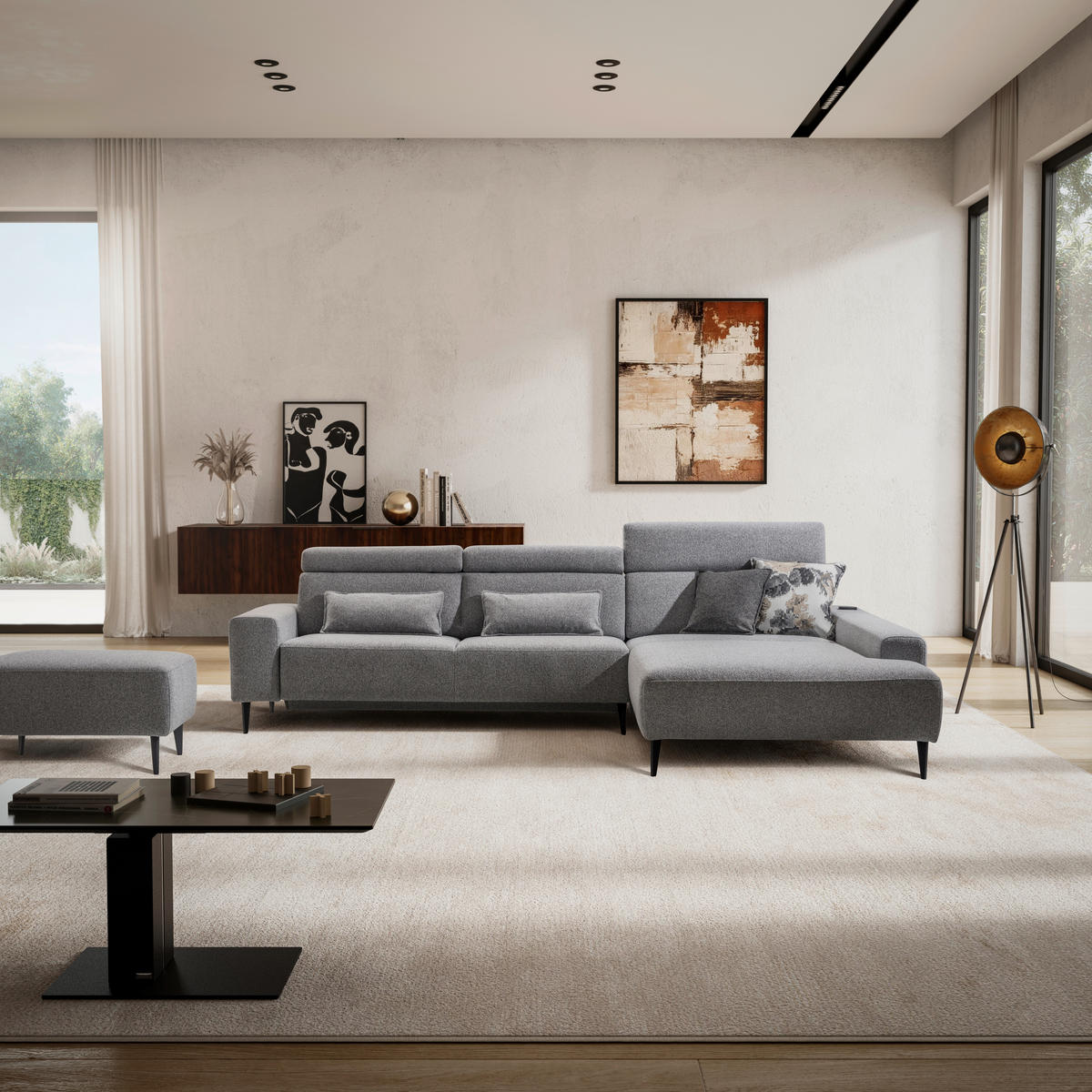 ECKSOFA  in Flachgewebe Grau  308/205 cm  - Schwarz/Grau, Design, Textil/Metall (308/205cm) - Sedda