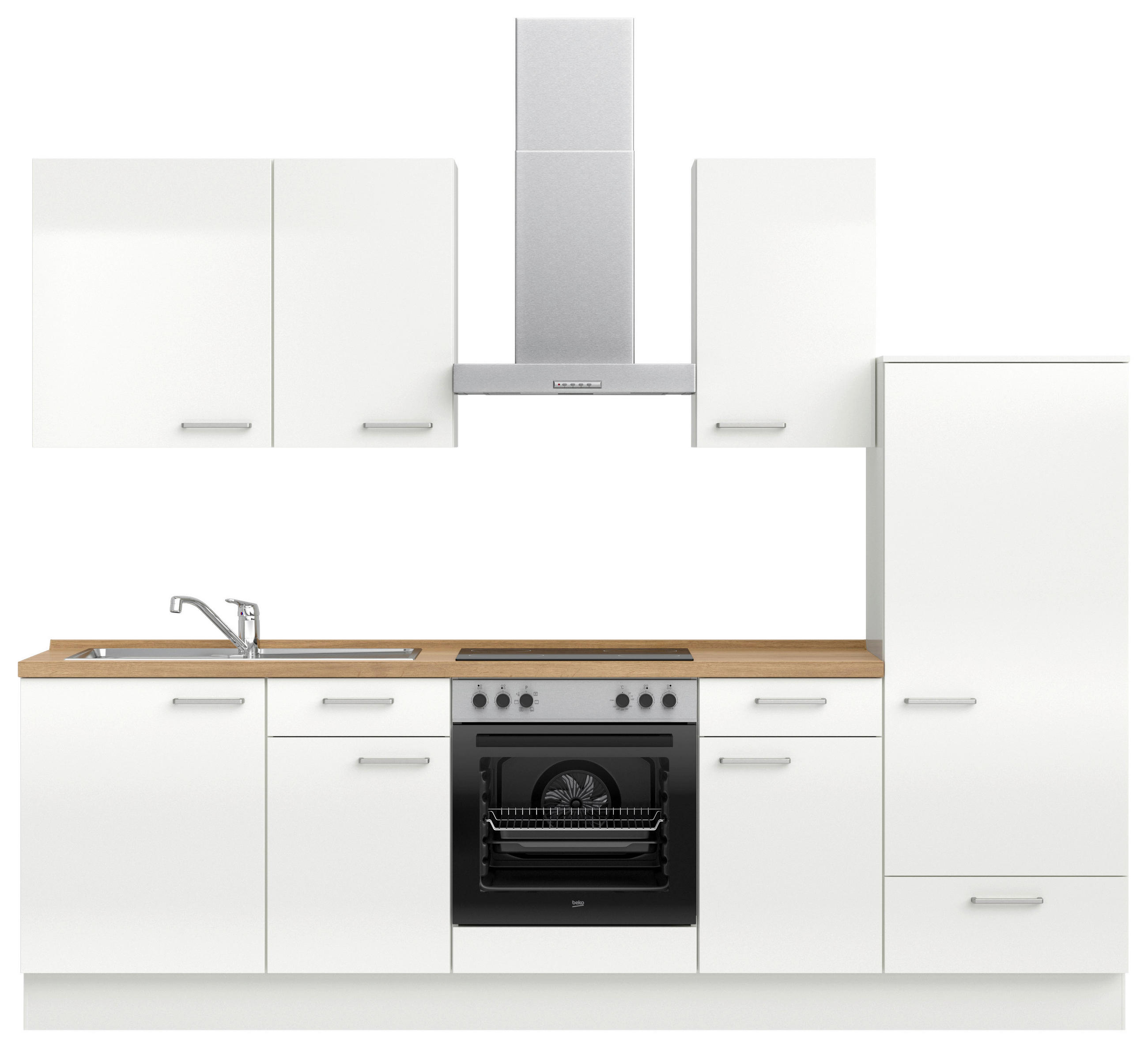 KÜCHENBLOCK 270 cm   in Eichefarben, Weiß Hochglanz  - Edelstahlfarben/Eichefarben, MODERN, Holzwerkstoff/Metall (270cm) - Nobilia