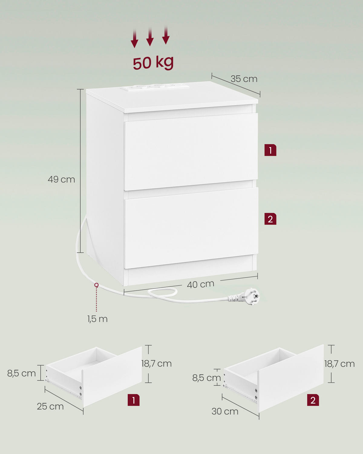 NACHTSCHRANKSET 40/49/35 cm  - Weiß, KONVENTIONELL, Holzwerkstoff (40/49/35cm) - Boxxx
