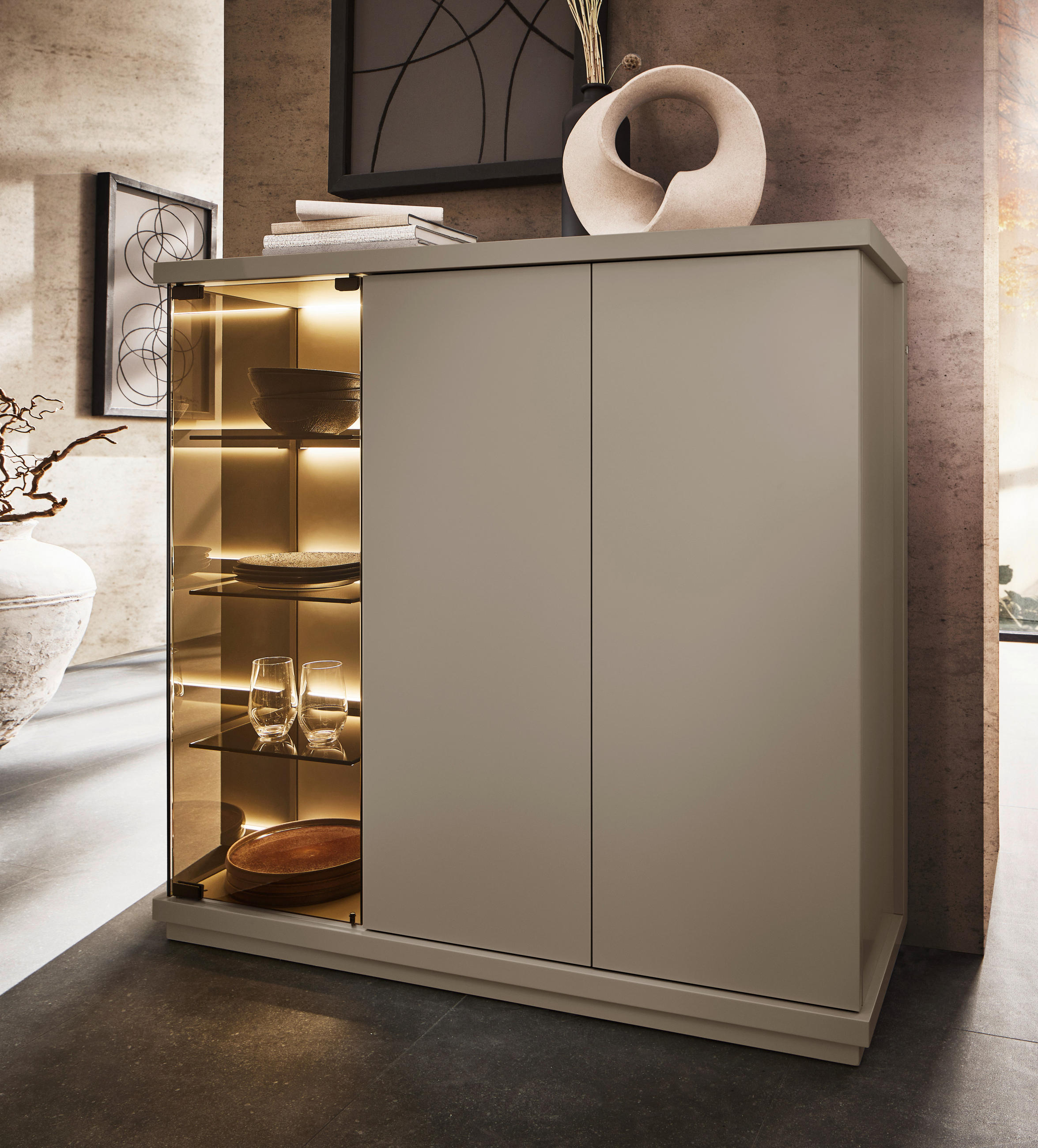 HIGHBOARD Taupe  117/128/38 cm  - Taupe, Design, Glas/Holzwerkstoff (117/128/38cm) - Emilio Belluti