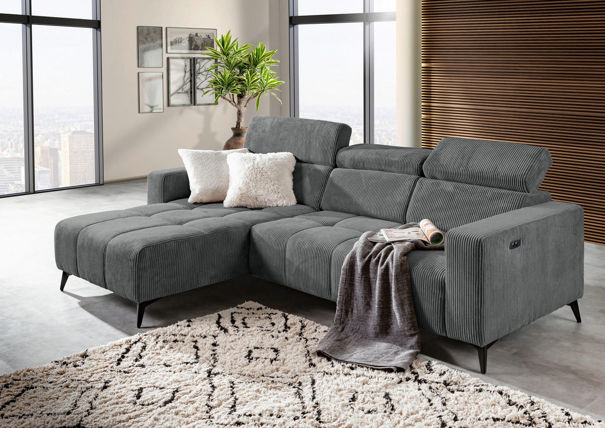 ECKSOFA Dunkelgrau Cord Rücken echt, Kopfteilverstellung, Sitzvorzug  - Dunkelgrau/Schwarz, KONVENTIONELL, Textil/Metall (170/257cm) - Carryhome