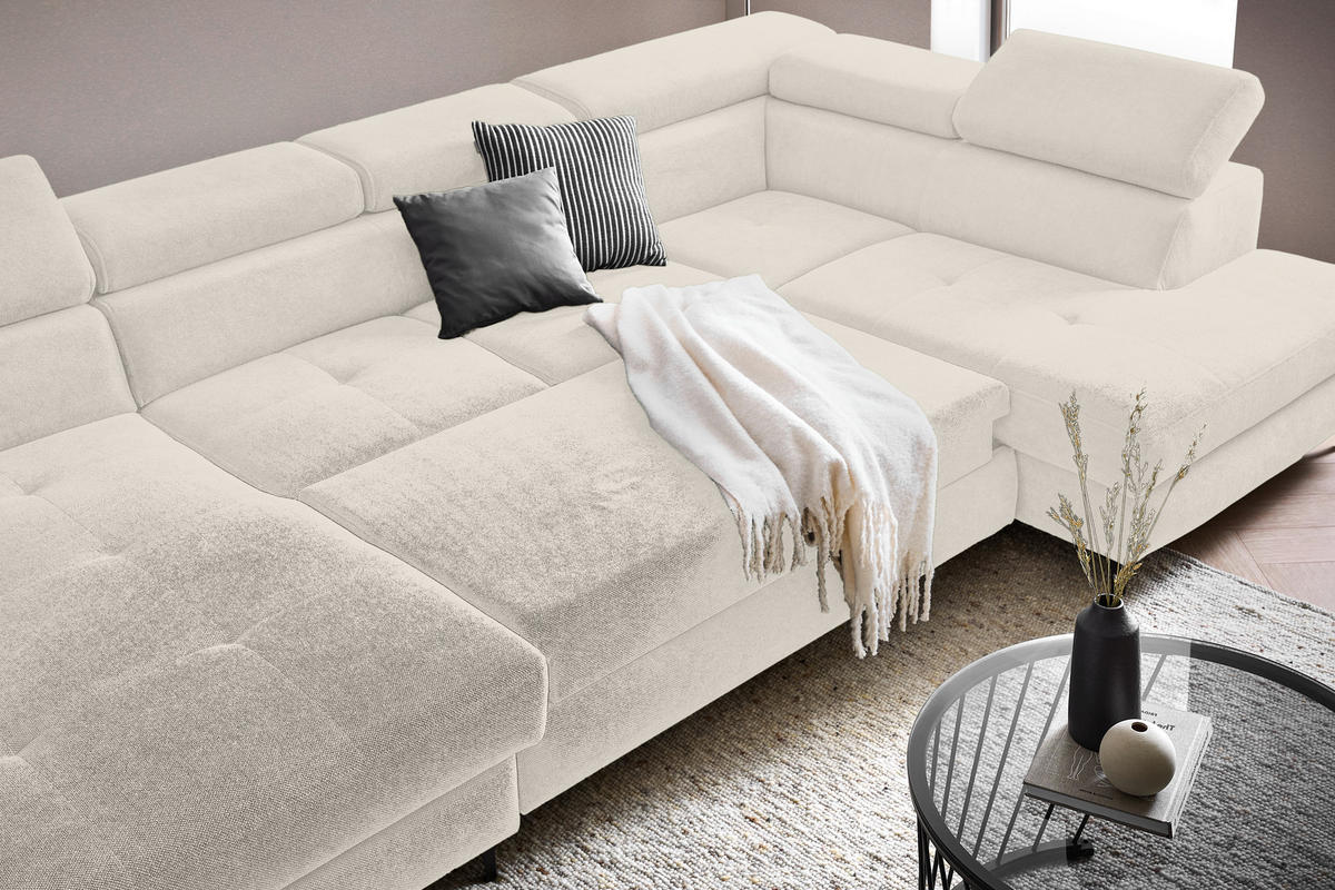 WOHNLANDSCHAFT inkl. Funktion Beige Flachgewebe  - Beige/Schwarz, MODERN, Textil/Metall (180/333/206cm) - Stylife