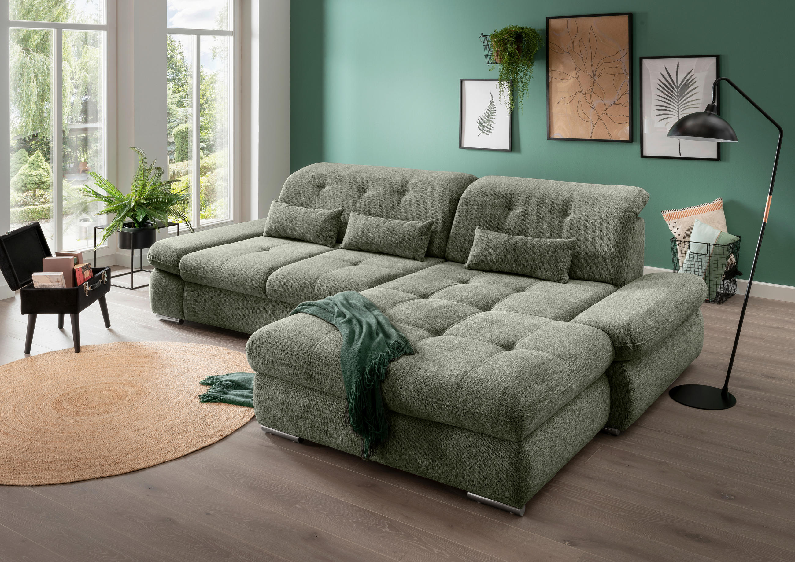 ECKSOFA in Chenille Dunkelgrün - Chromfarben/Dunkelgrün, Design, Textil/Metall (300/196cm) - Livetastic