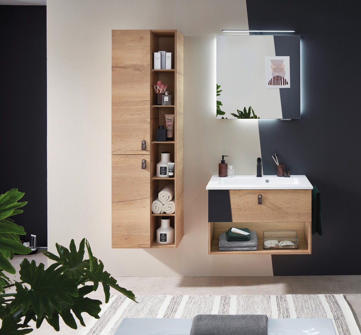 WASCHTISCHKOMBI 78 cm  - Eichefarben/Schwarz, KONVENTIONELL, Leder/Glas (78cm) - Sadena