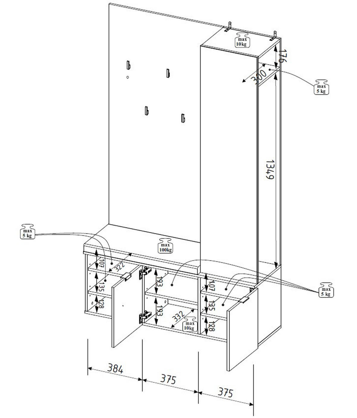GARDEROBE 120/201/38 cm  - Weiss, Design, Holzwerkstoff (120/201/38cm) - Livetastic