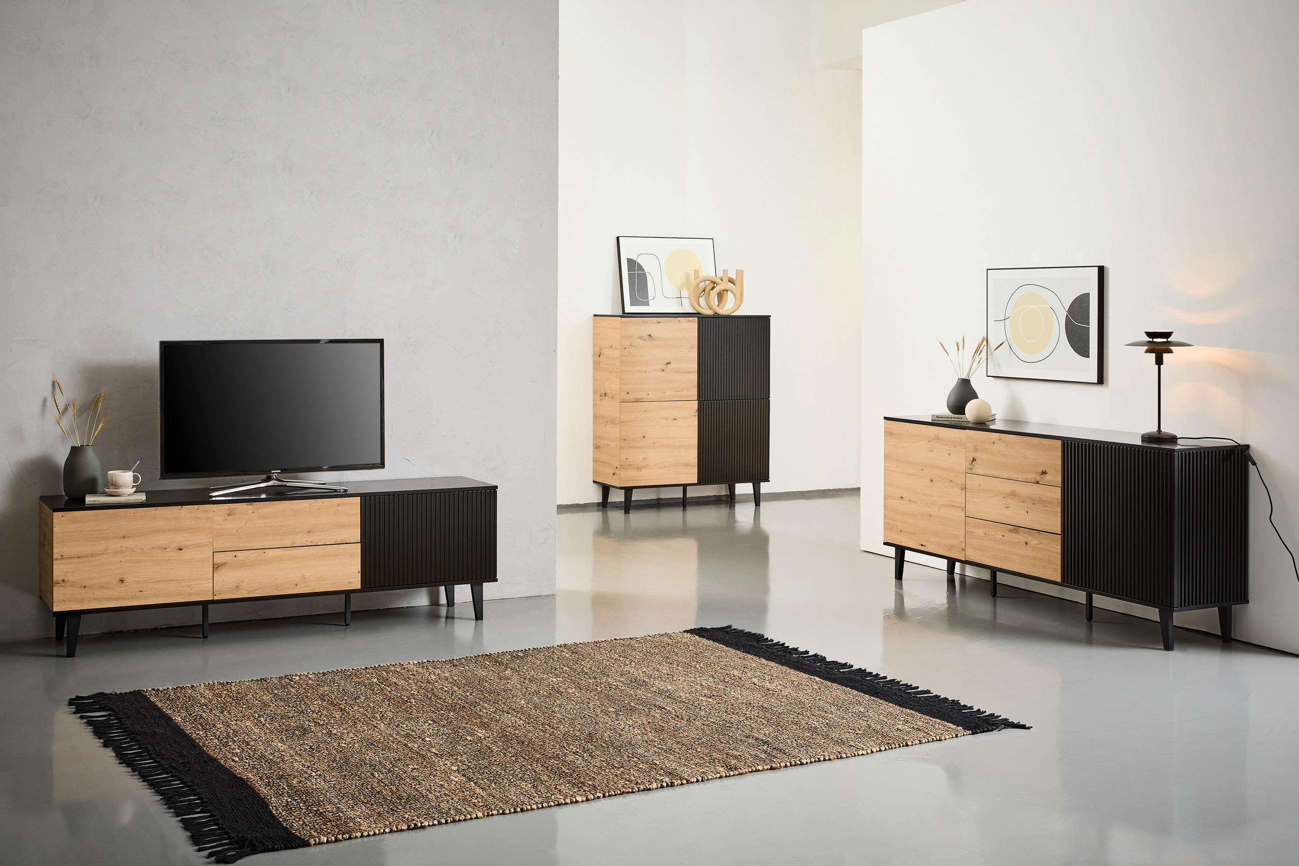 Thumbnail - Xora Lowboard, Schwarz, Eiche Artisan, Metall, Holzwerkstoff, 2 Fächer, 2 Schublade(n) Schubladen, 172x56x40 cm, Beimöbe...