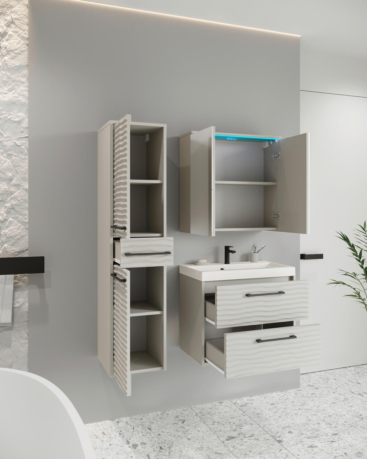 BADEZIMMER 4-teilig  in  - Kaschmir/Kastanieneichefarben, Lifestyle, Keramik/Holzwerkstoff (90/130/35cm) - P & B