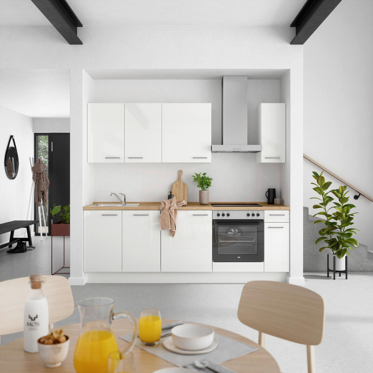 KÜCHENLEERBLOCK 240 cm   in Eichefarben, Weiß Hochglanz  - Edelstahlfarben/Eichefarben, MODERN, Holzwerkstoff/Metall (240cm) - Nobilia