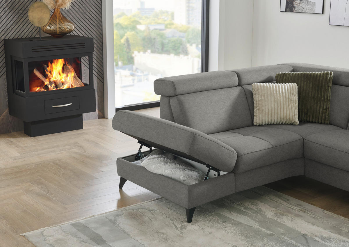 ECKSOFA Beldomo System in Flachgewebe Grau Kopfteilverstellung  214/276 cm  - Schwarz/Grau, KONVENTIONELL, Textil/Metall (214/276cm) - Beldomo System
