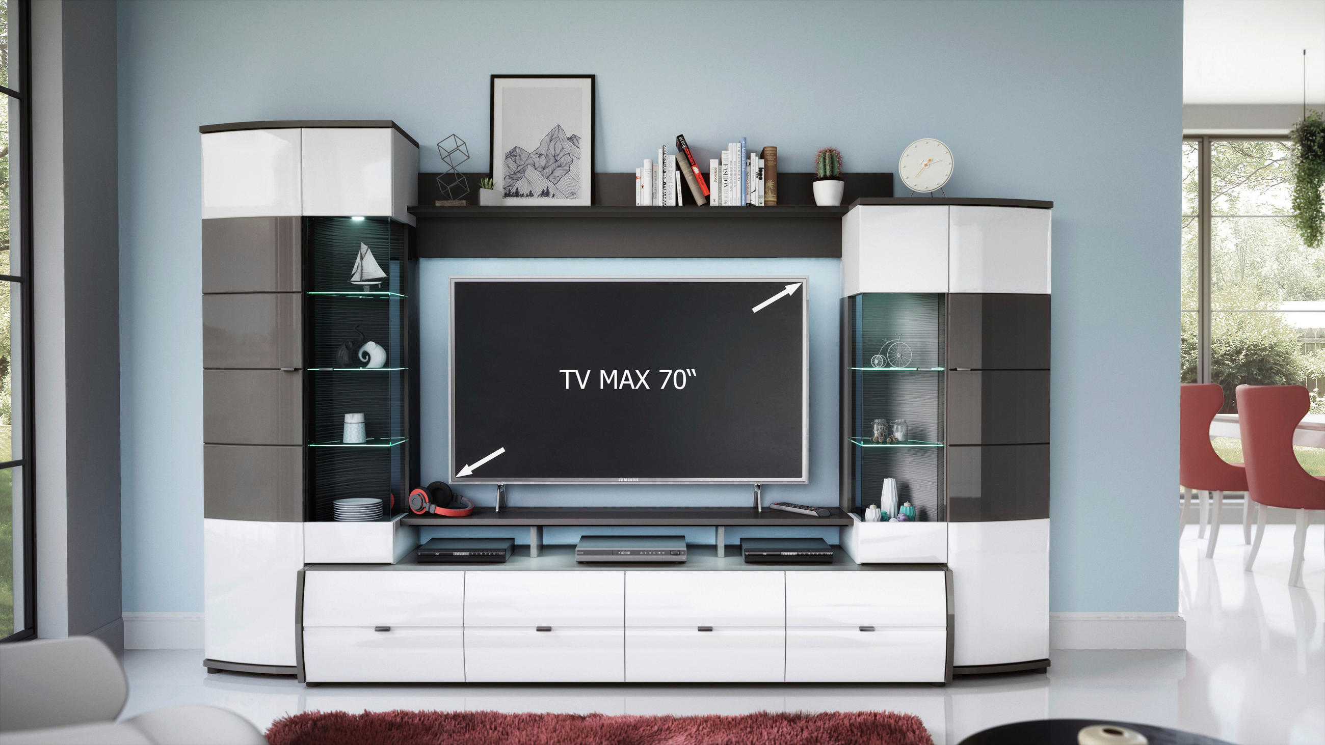 REGAL ZA DNEVNI BORAVAK bijela visoki sjaj, antracit visoki sjaj - srebrne boje/antracit visoki sjaj, Moderno, staklo/drvni materijal (300/194/54cm) - Livetastic