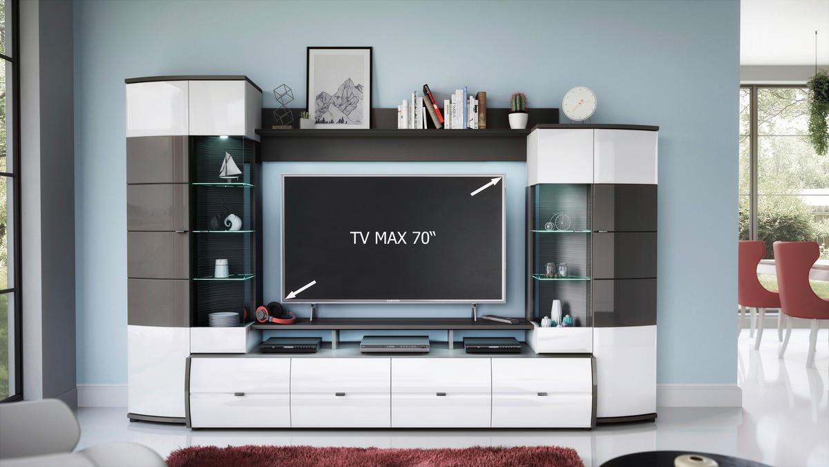 WOHNWAND  in Weiss Hochglanz, Anthrazit Hochglanz 300/194/54 cm  - Weiss Hochglanz/Silberfarben, Modern, Glas/Holzwerkstoff (300/194/54cm) - Livetastic