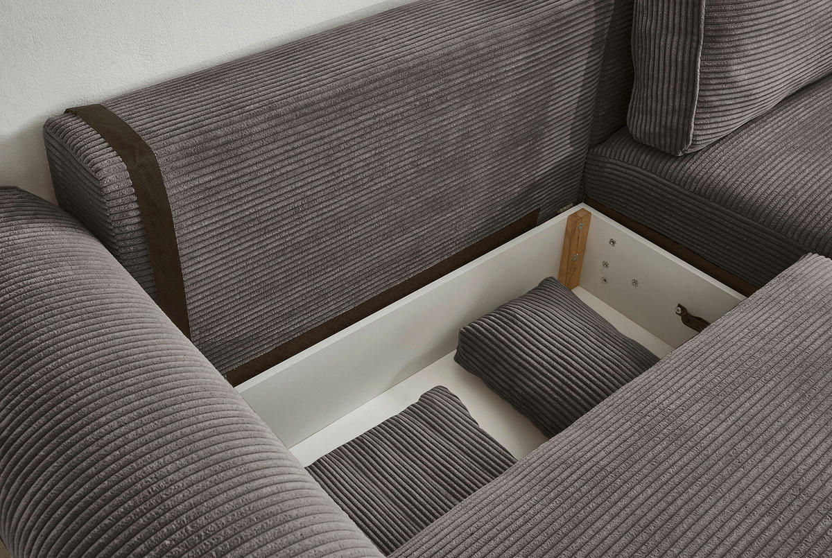 ECKSOFA in Cord Mokka  - Schwarz/Mokka, Basics, Kunststoff/Textil (255/92/185cm) - MID.YOU
