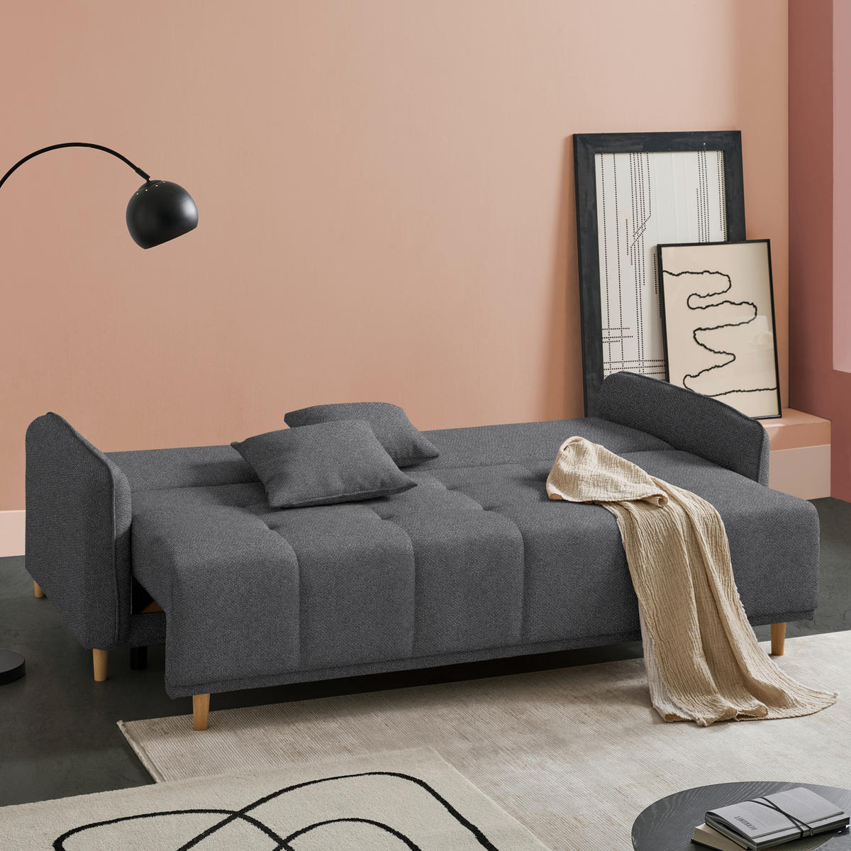 SCHLAFSOFA  in Struktur Grau  - Buchefarben/Grau, Design, Holz/Textil (217/97/101cm) - Carryhome