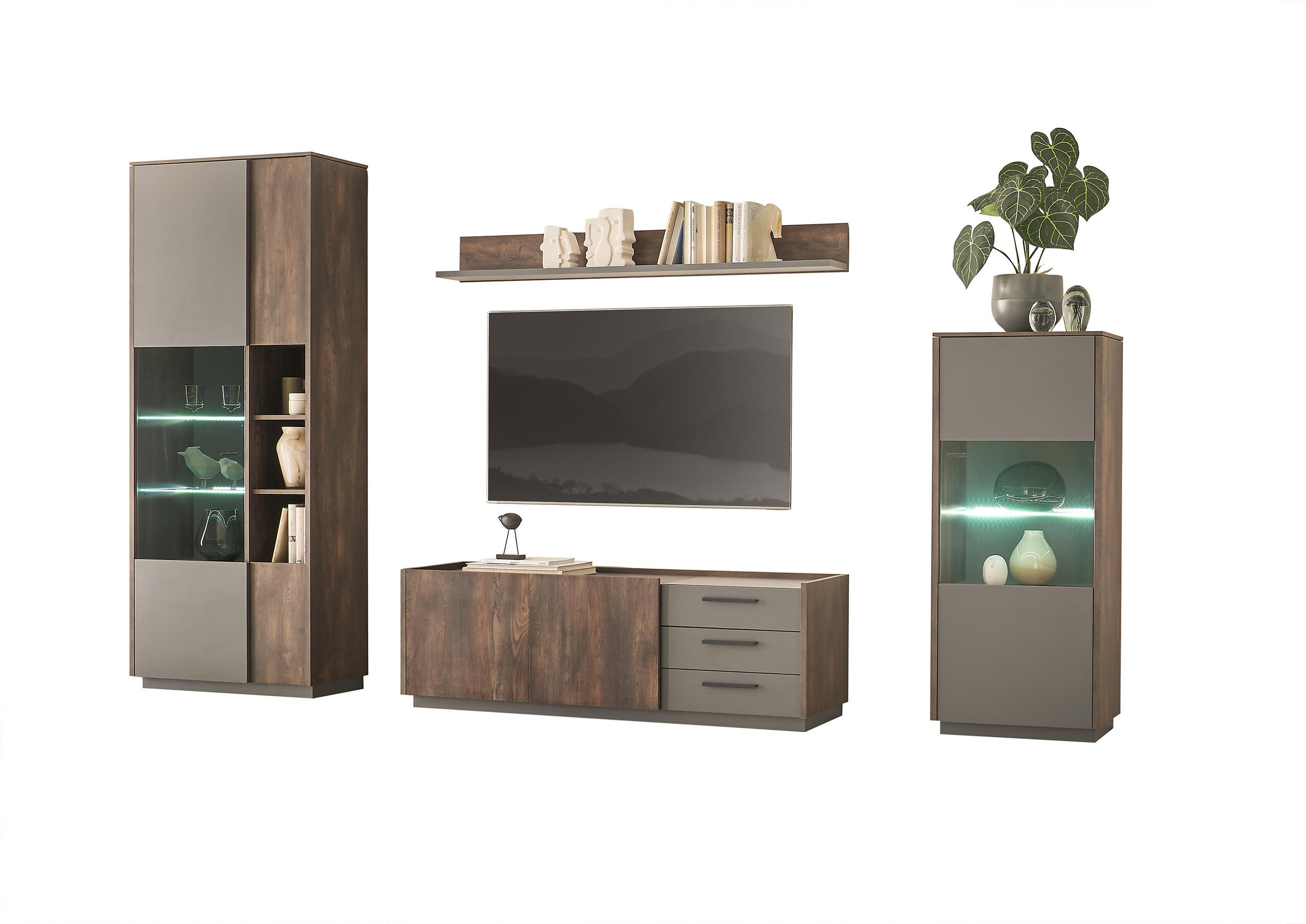 WOHNWAND 4-teilig  in Anthrazit, Eichefarben  327/200/45 cm  - Eichefarben/Anthrazit, Design, Glas/Holzwerkstoff (327/200/45cm) - MID.YOU