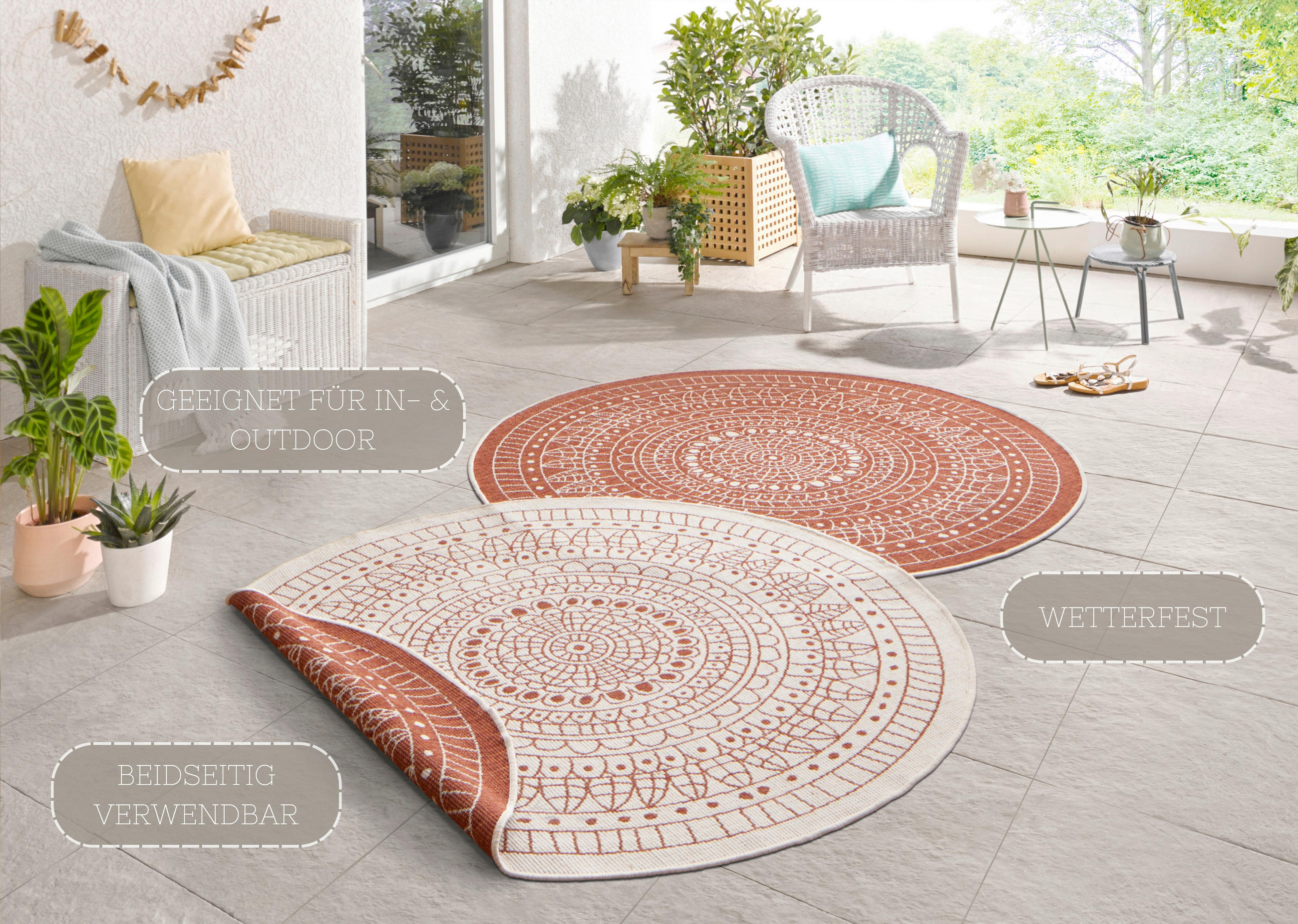 OUTDOORTEPPICH 140 cm Twin Creme, Terracotta  - Terracotta/Creme, Design, Kunststoff (140cm)
