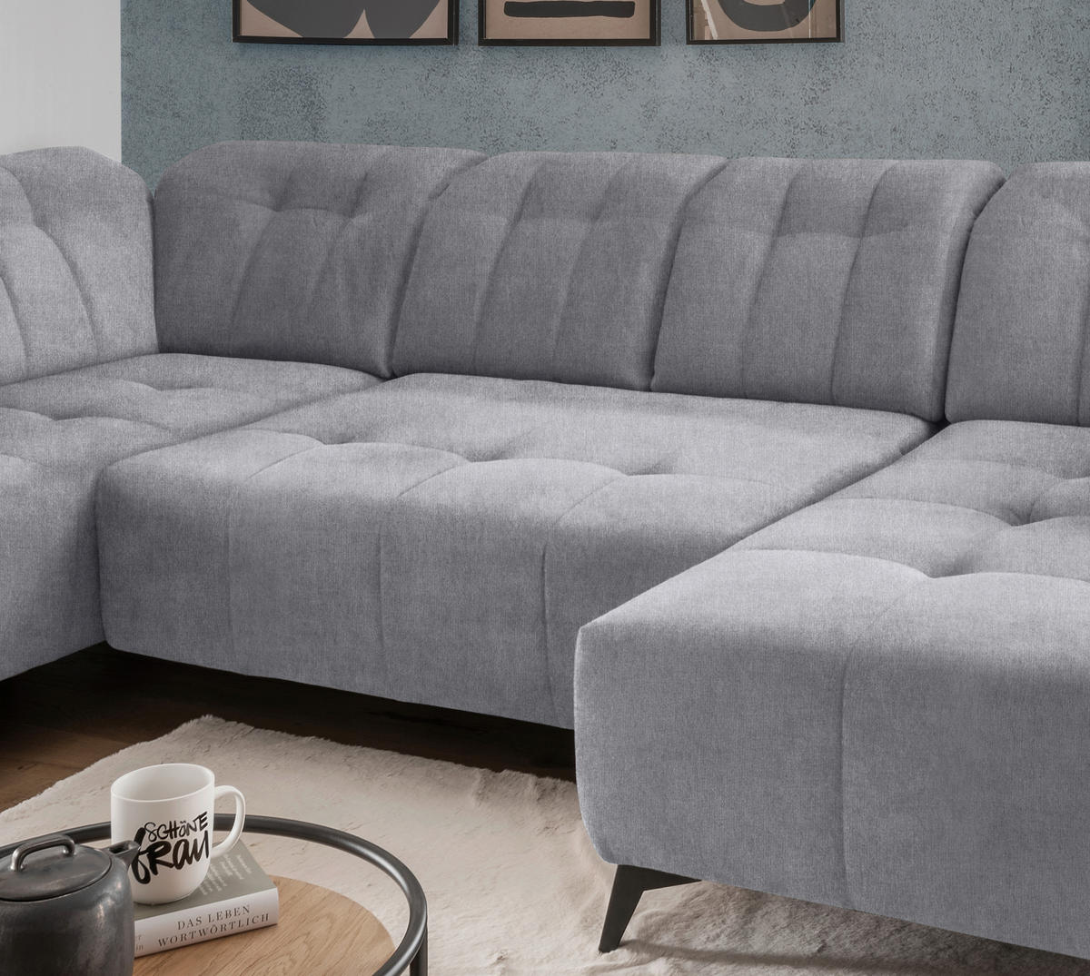 SALON PANORAMIQUE in Mikrofaser Hellgrau  - gris clair/noir, Modern, textile/métal (200/337/180cm) - Livetastic