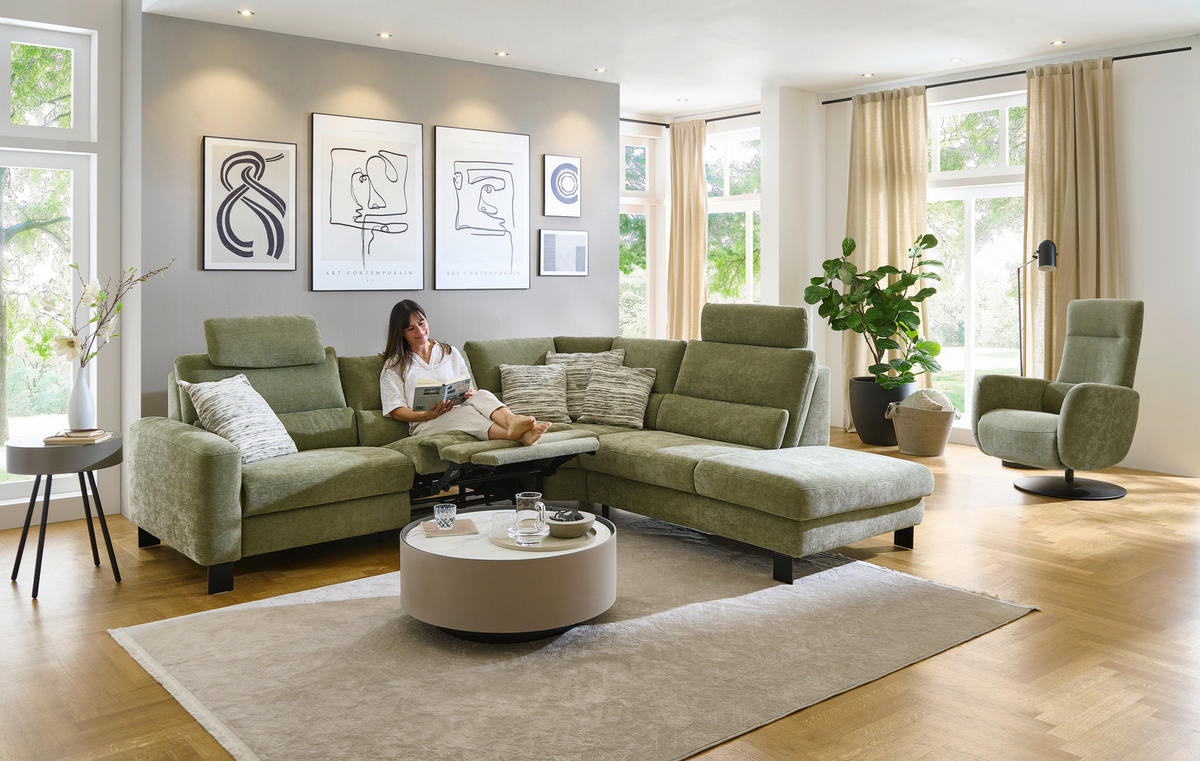ECKSOFA Olivgrün Chenille  - Schwarz/Olivgrün, Design, Textil/Metall (285/248cm) - Beldomo Comfort