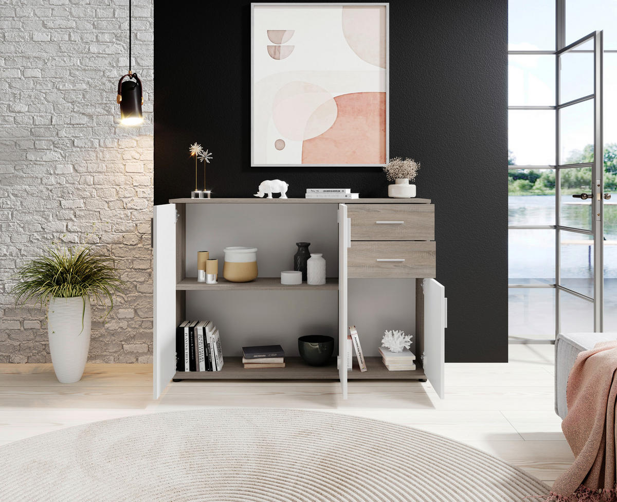 KOMMODE Bobby  in 120/82/35 cm  - Eiche dunkel/Silberfarben, KONVENTIONELL, Holzwerkstoff/Kunststoff (120/82/35cm) - Boxxx